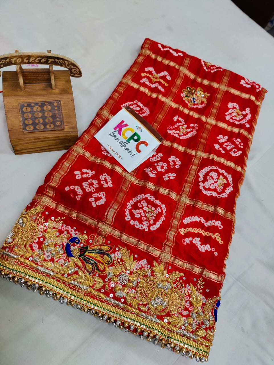 Pure Gaji Silk Bandhani Jardozi Work Ghatchola Chunri Pila Odhna in Aara Tari Handwork