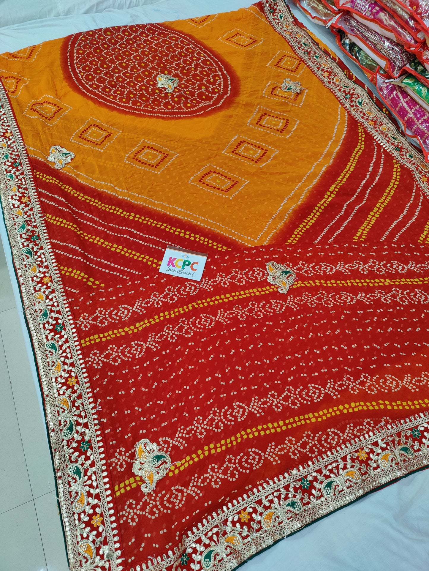 Pure Soft Georgette Rajsthani Pila Chunri Bandhej Gotaptti Work Saree Jp Or Orange Red 1