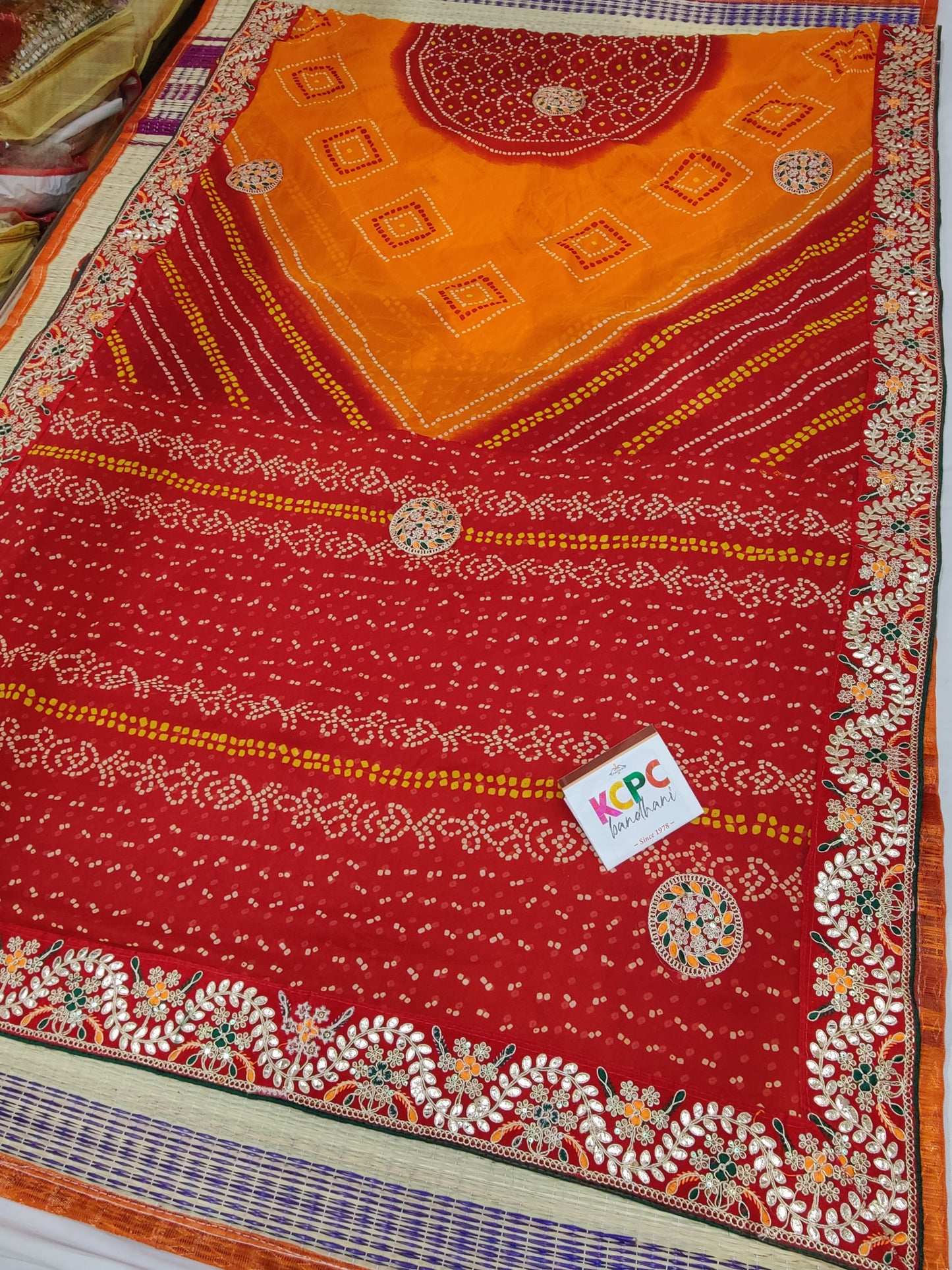 Pure Soft Georgette Rajsthani Pila Chunri Bandhej Gotaptti Work Saree Jp Or Orange Red 3