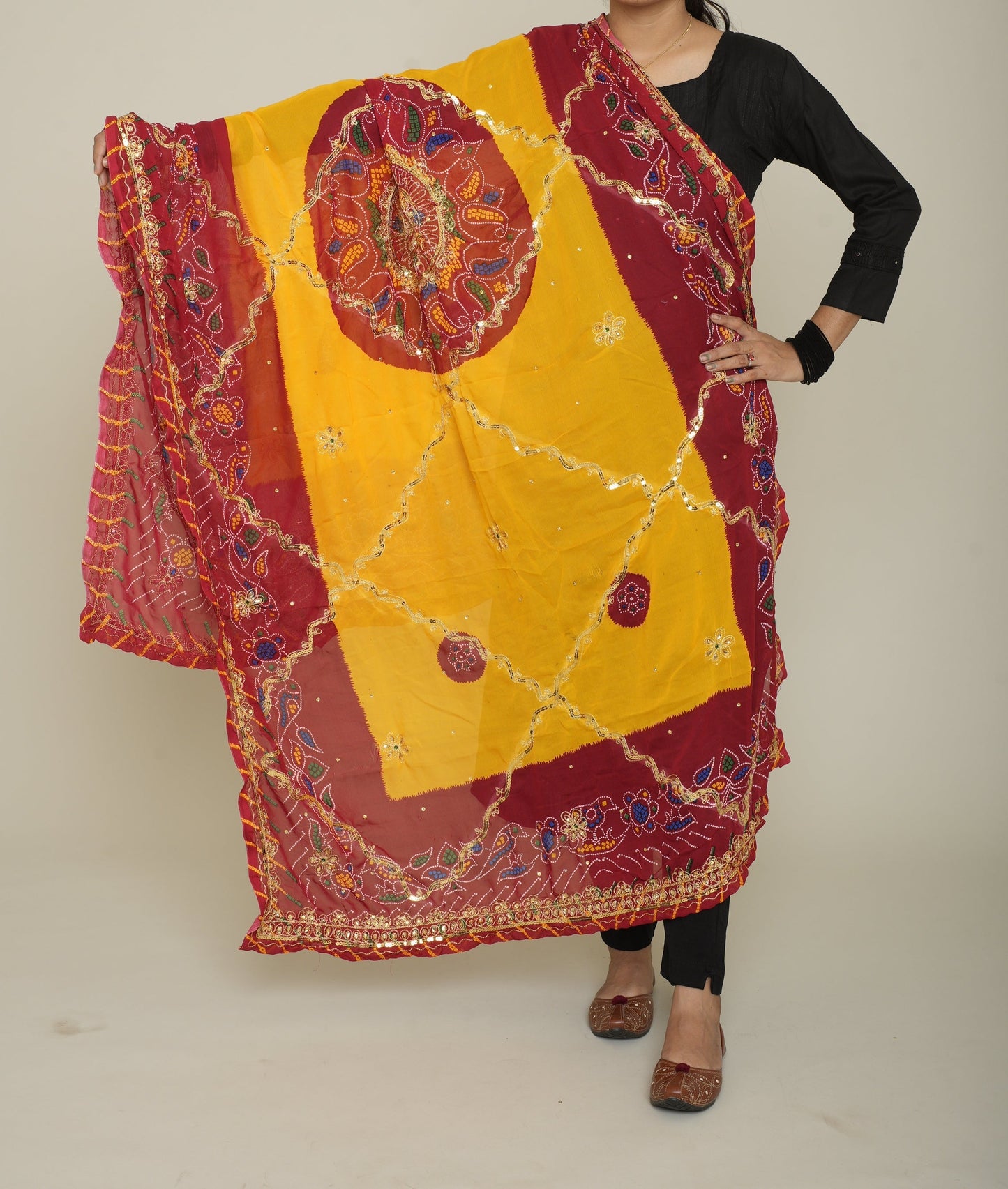 Pure Georgette Rajasthani Chunri Dupattas Pure Georgette Fabric Kcpc Red Lemon Pomcha Dupatta