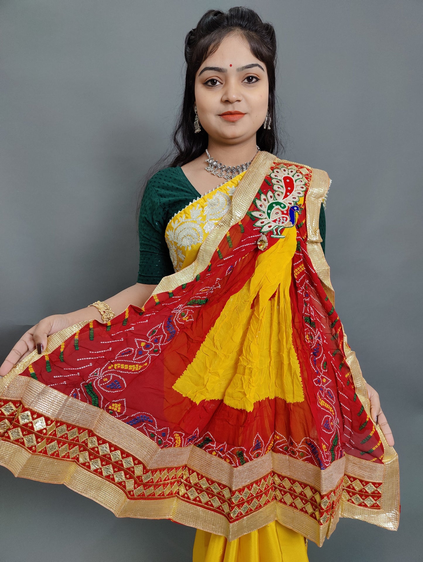 Pure Georgette Rajasthani pomcha broach odhna stole
