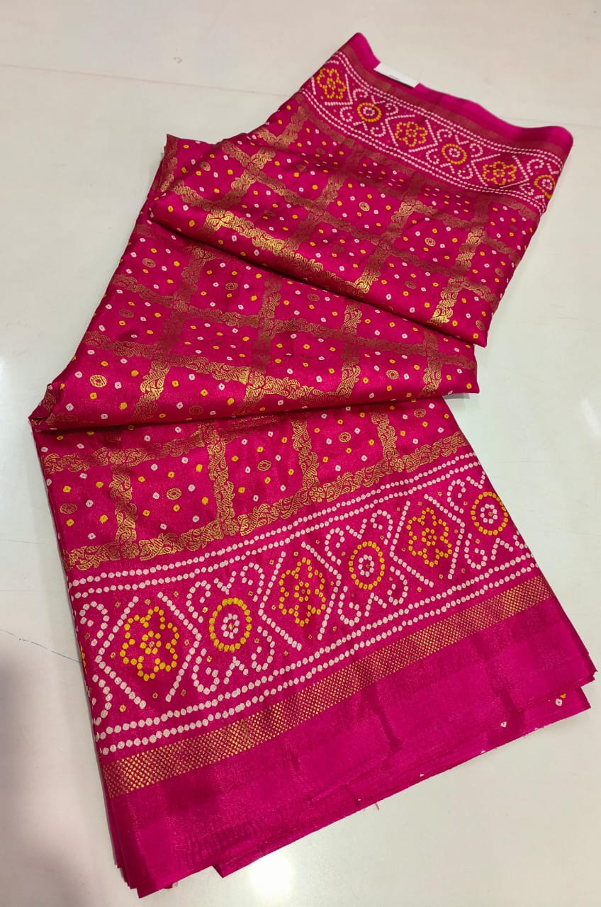 Pashmina Cotton Silk bandhani Special Saree with gold foil print saree