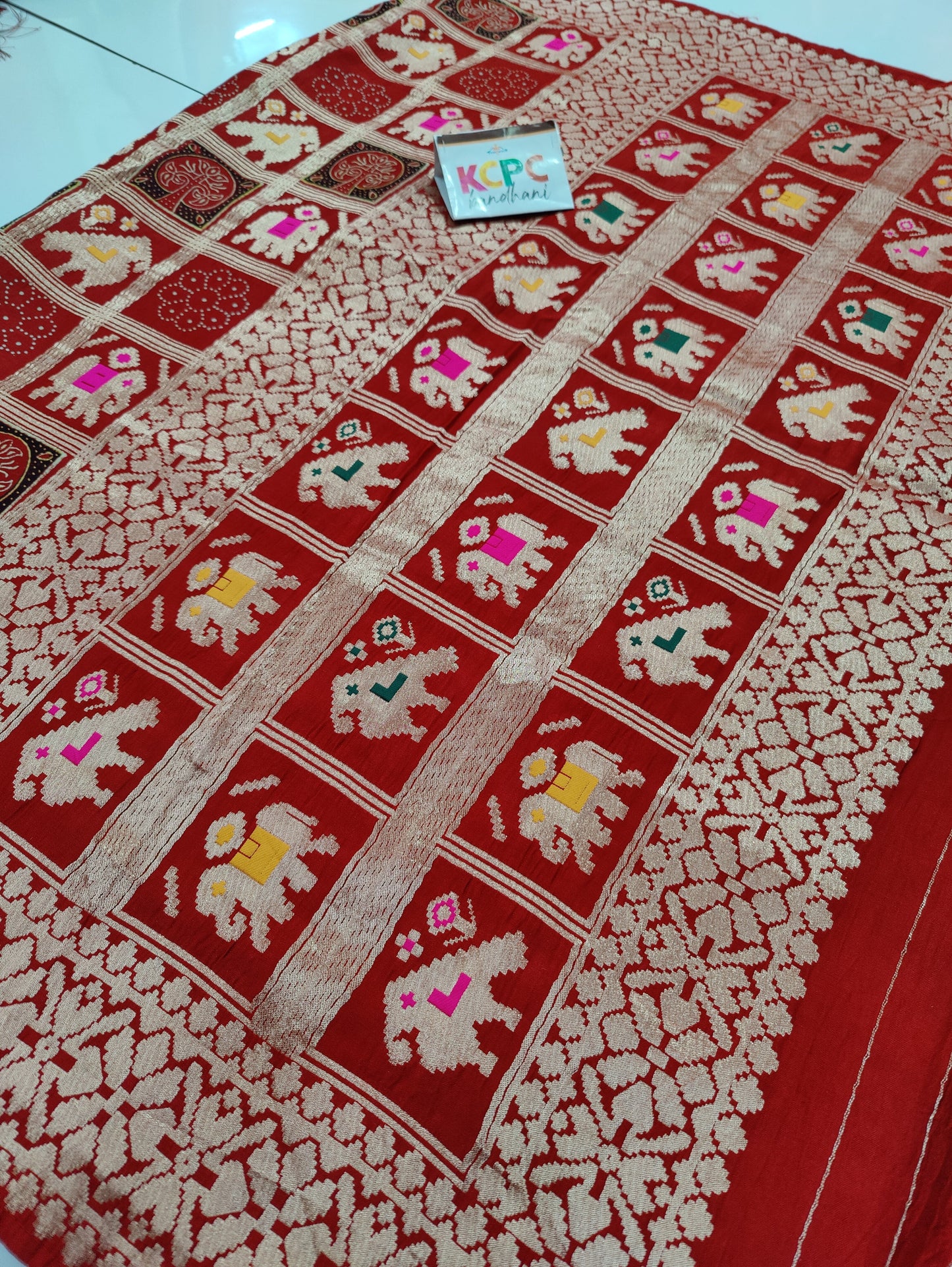 Pure Gaji Silk Ajrakh Bandhani, Patola Zari Weaving Saree with Blouse