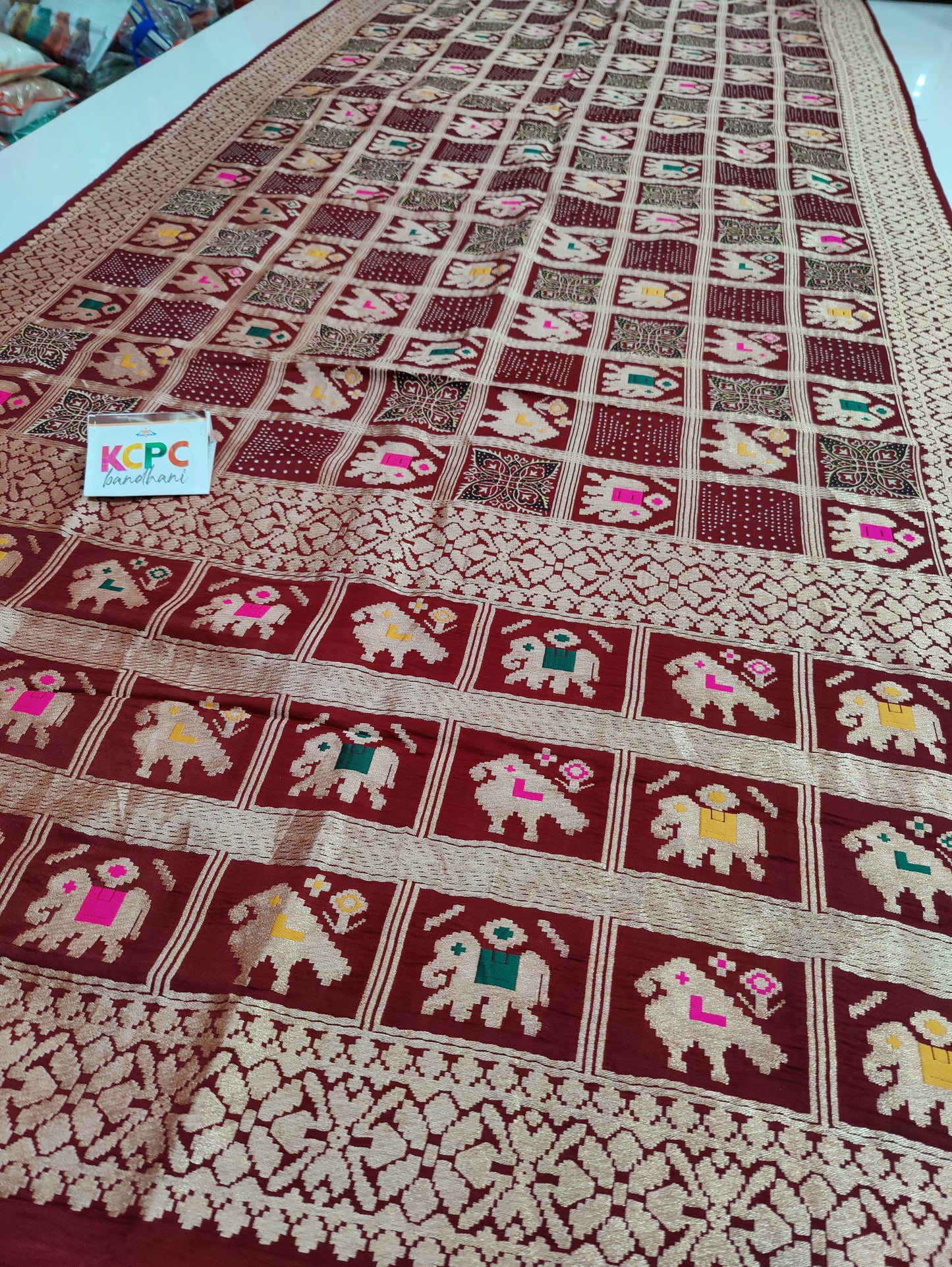 Pure Gaji Silk Ajrakh Bandhani, Patola Zari Weaving Saree with Blouse