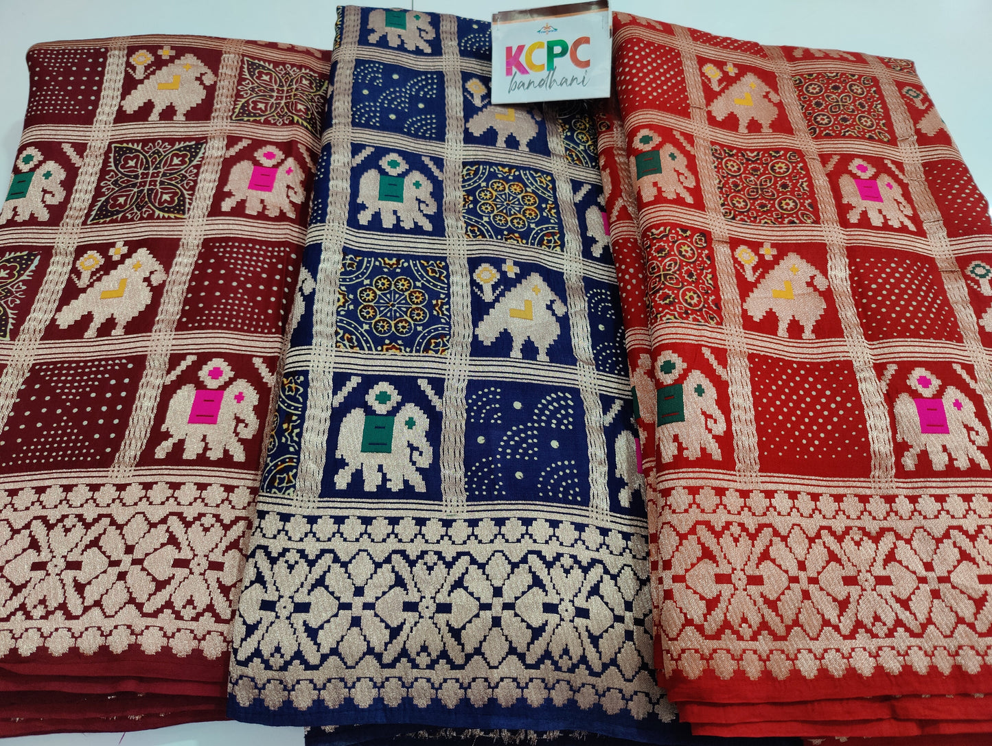 Pure Gaji Silk Ajrakh Bandhani, Patola Zari Weaving Saree with Blouse