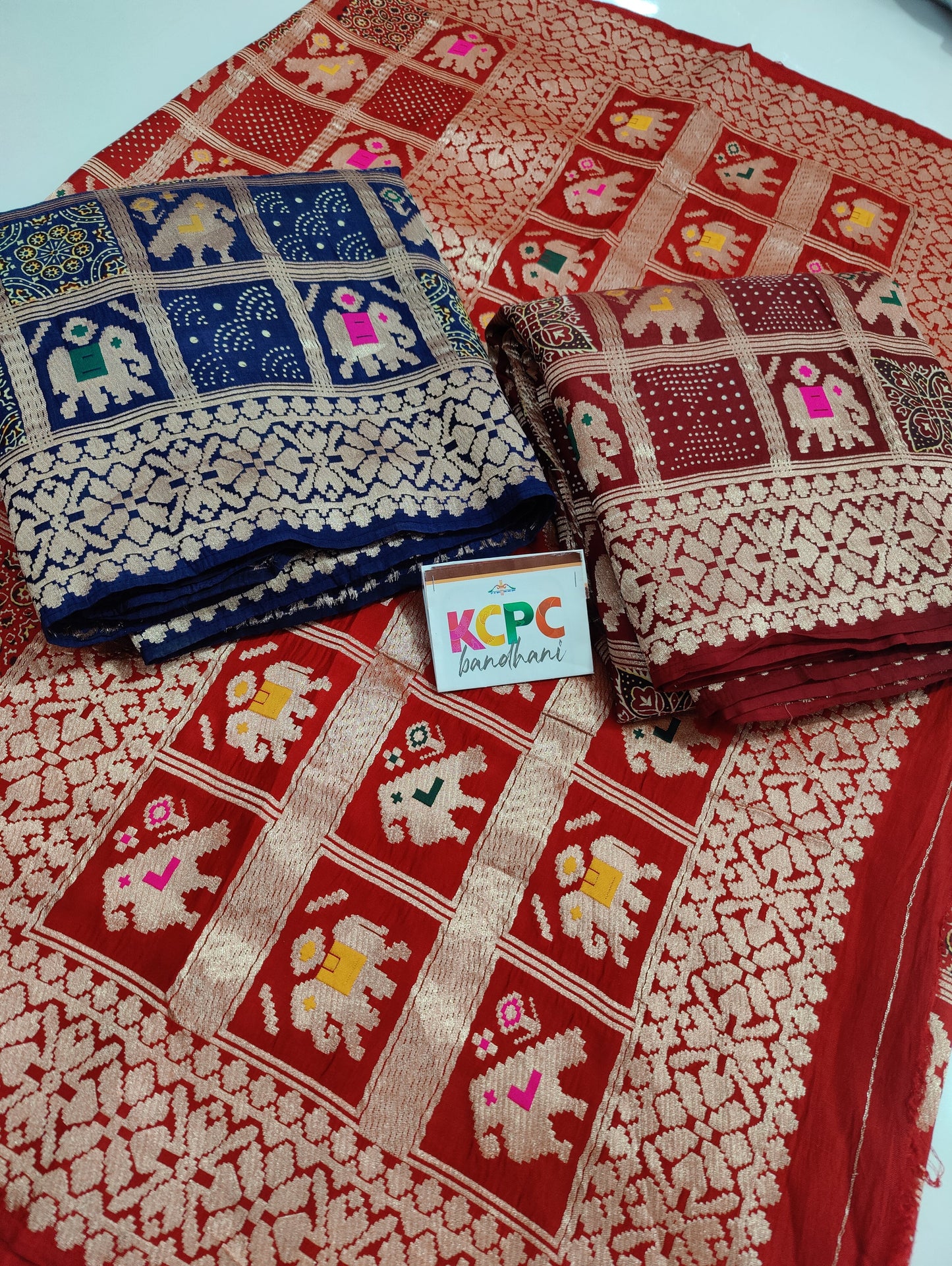 Pure Gaji Silk Ajrakh Bandhani, Patola Zari Weaving Saree with Blouse