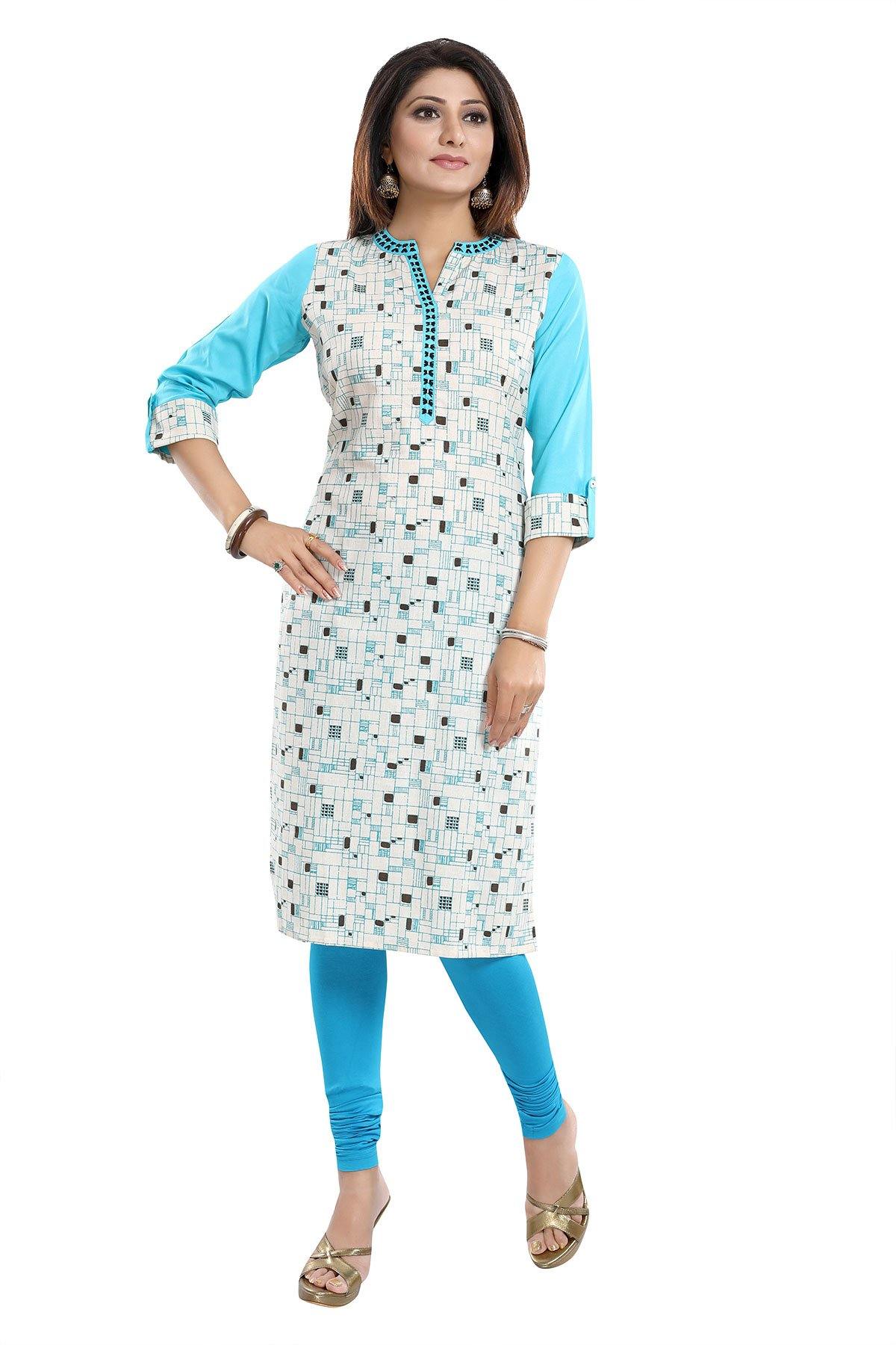 Sky Blue Cotton Printed Long Kurti - keshubaba