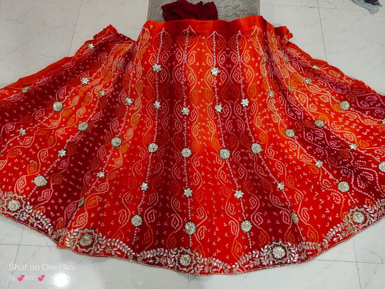 Designer Partywear Bandhani Jaipuri Pure Raidana Lehenga With Pearl Resham Work Nr Satis Lehenga