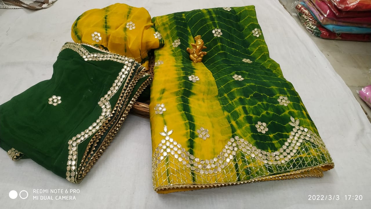New Marble Design Pure Uppda Silk Cutdana Handwork Langha & Chinon Duptta Nr Kml Yallow Green