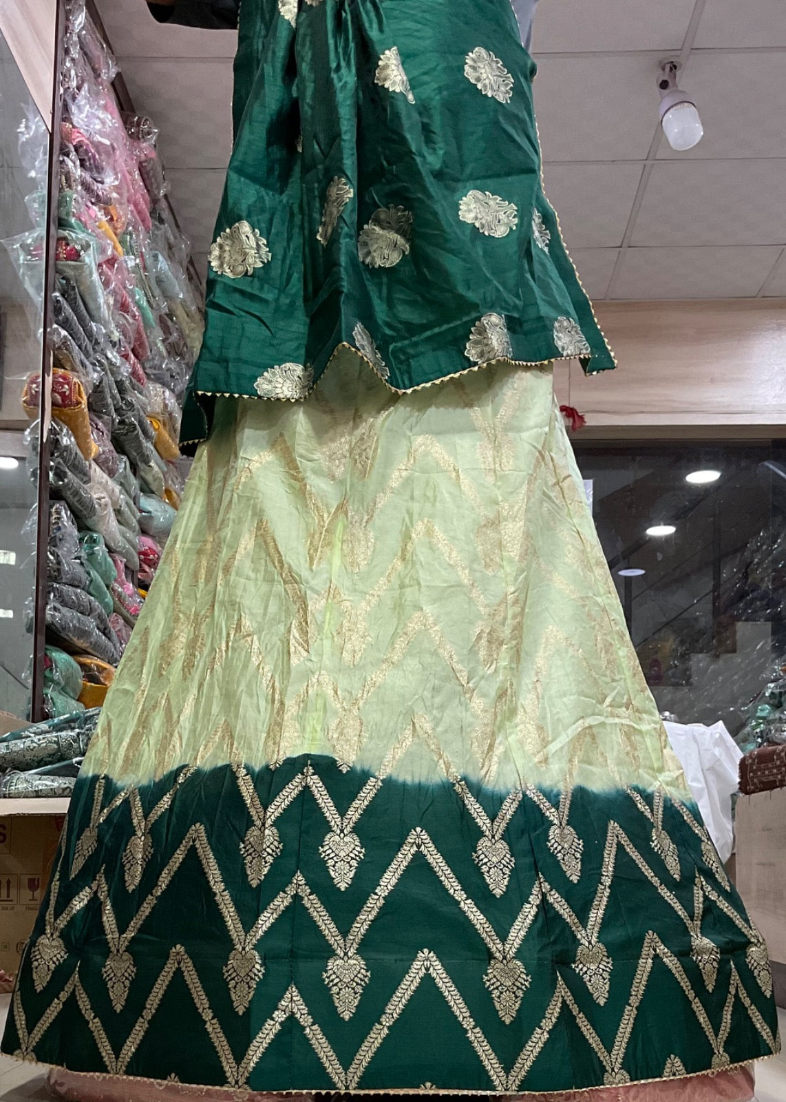 Beautiful Zari Silk Duptta Lehanga Kml Or Pista Bottle Green Lehenga