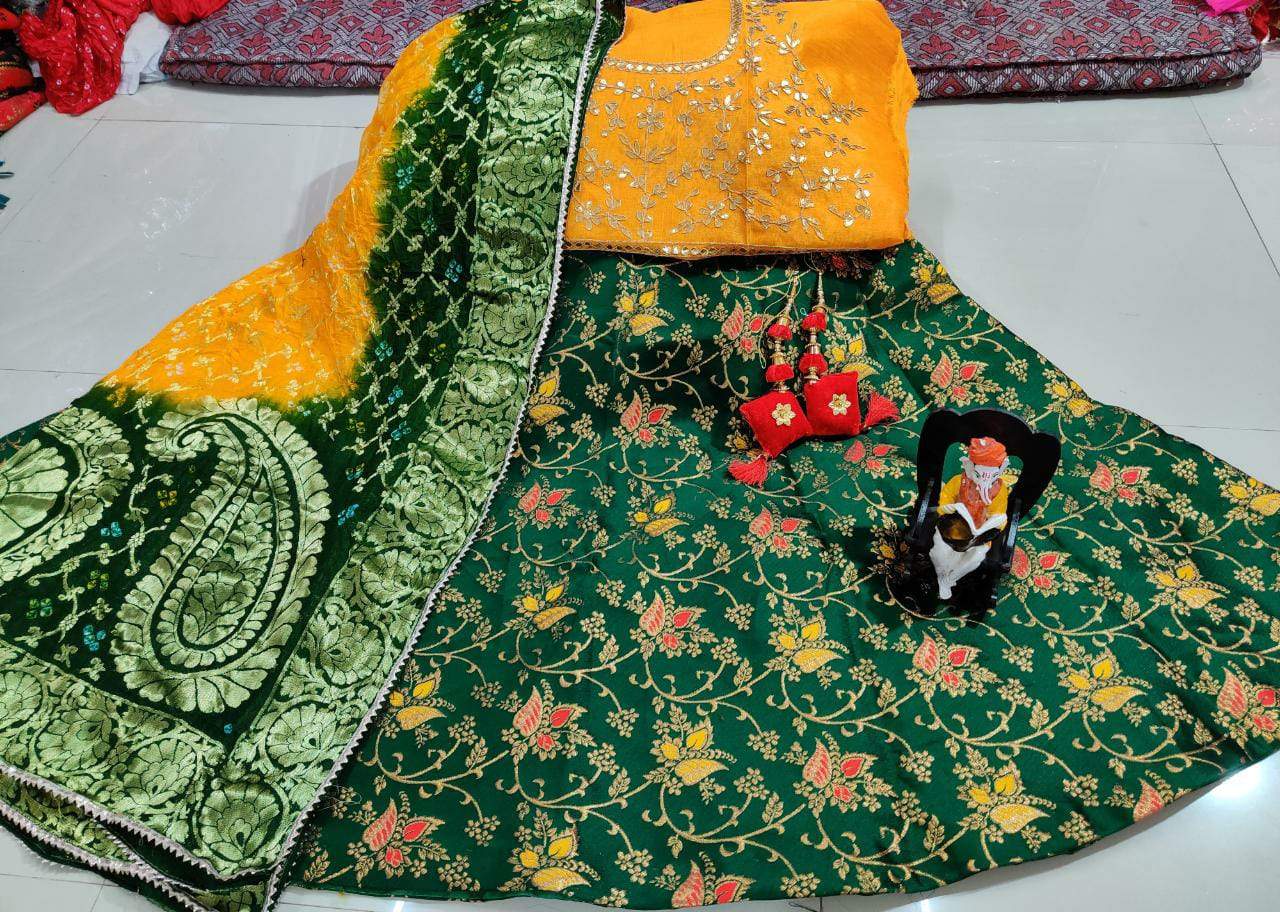 Banarasi Brocade silk Lahenga multi full Stiched with aster Lehanga in beautiful colours combination* - KcPc Bandhani
