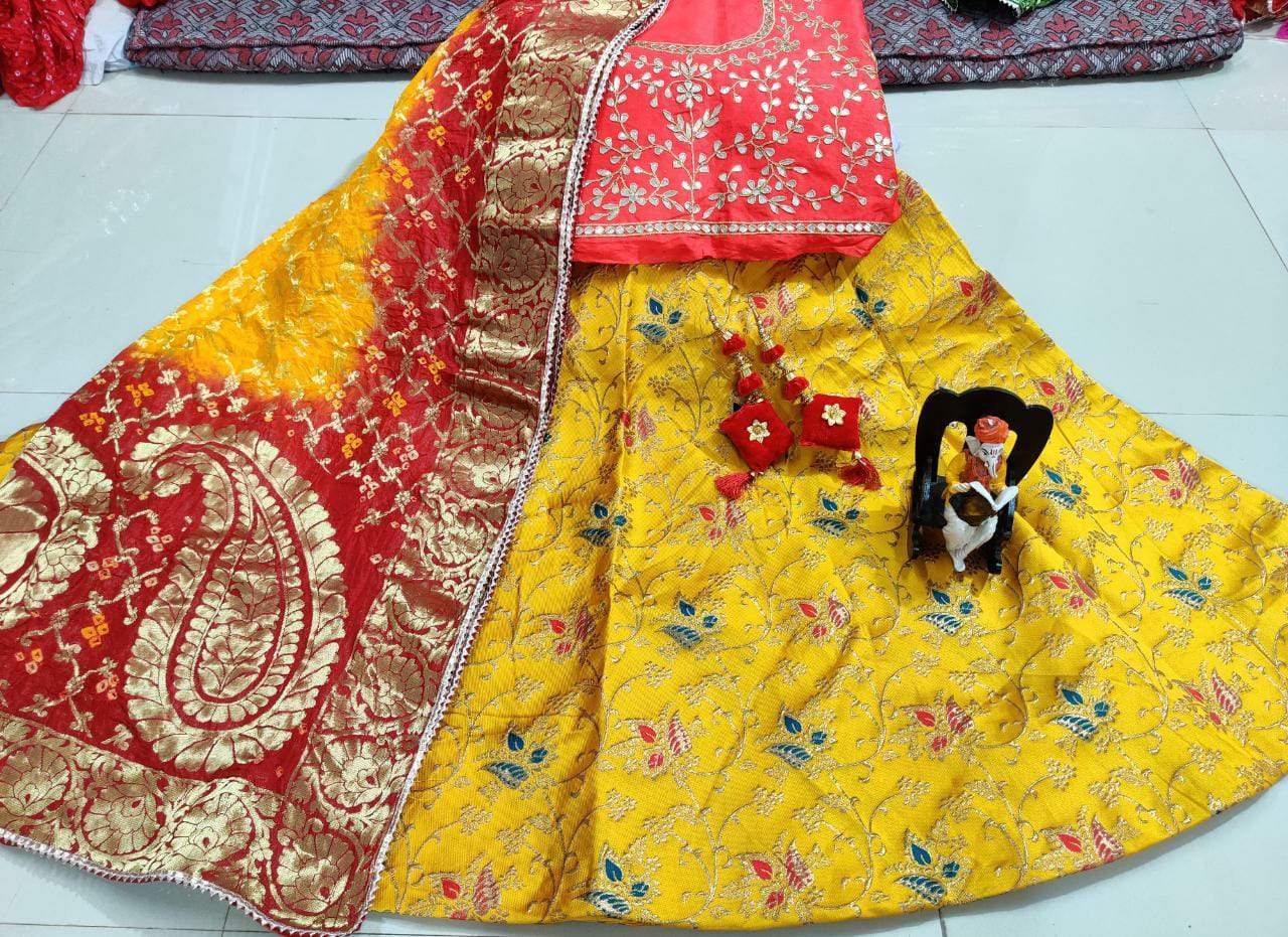 Banarasi Brocade silk Lahenga multi full Stiched with aster Lehanga in beautiful colours combination* - KcPc Bandhani