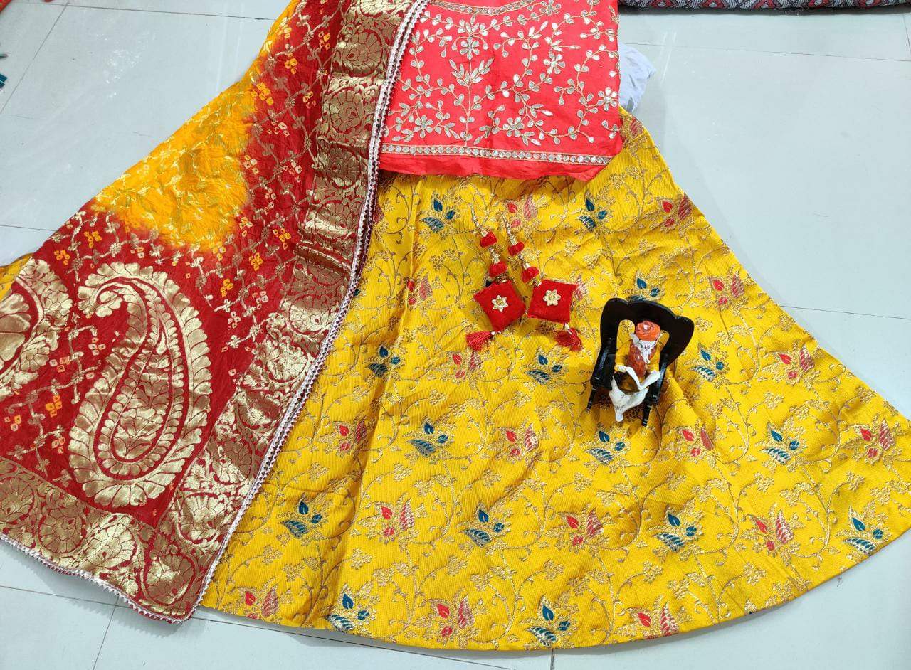 Banarasi Brocade silk Lahenga multi full Stiched with aster Lehanga in beautiful colours combination* - KcPc Bandhani