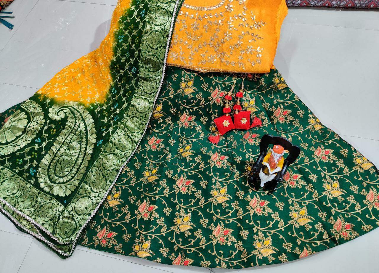 Banarasi Brocade silk Lahenga multi full Stiched with aster Lehanga in beautiful colours combination* - KcPc Bandhani