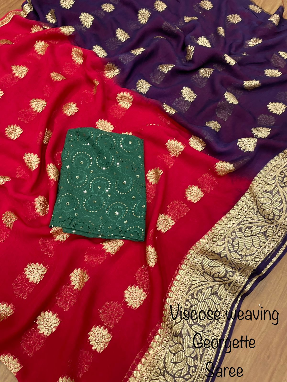 Soft Viscose weaving pure Georgette saree with zari self weaving