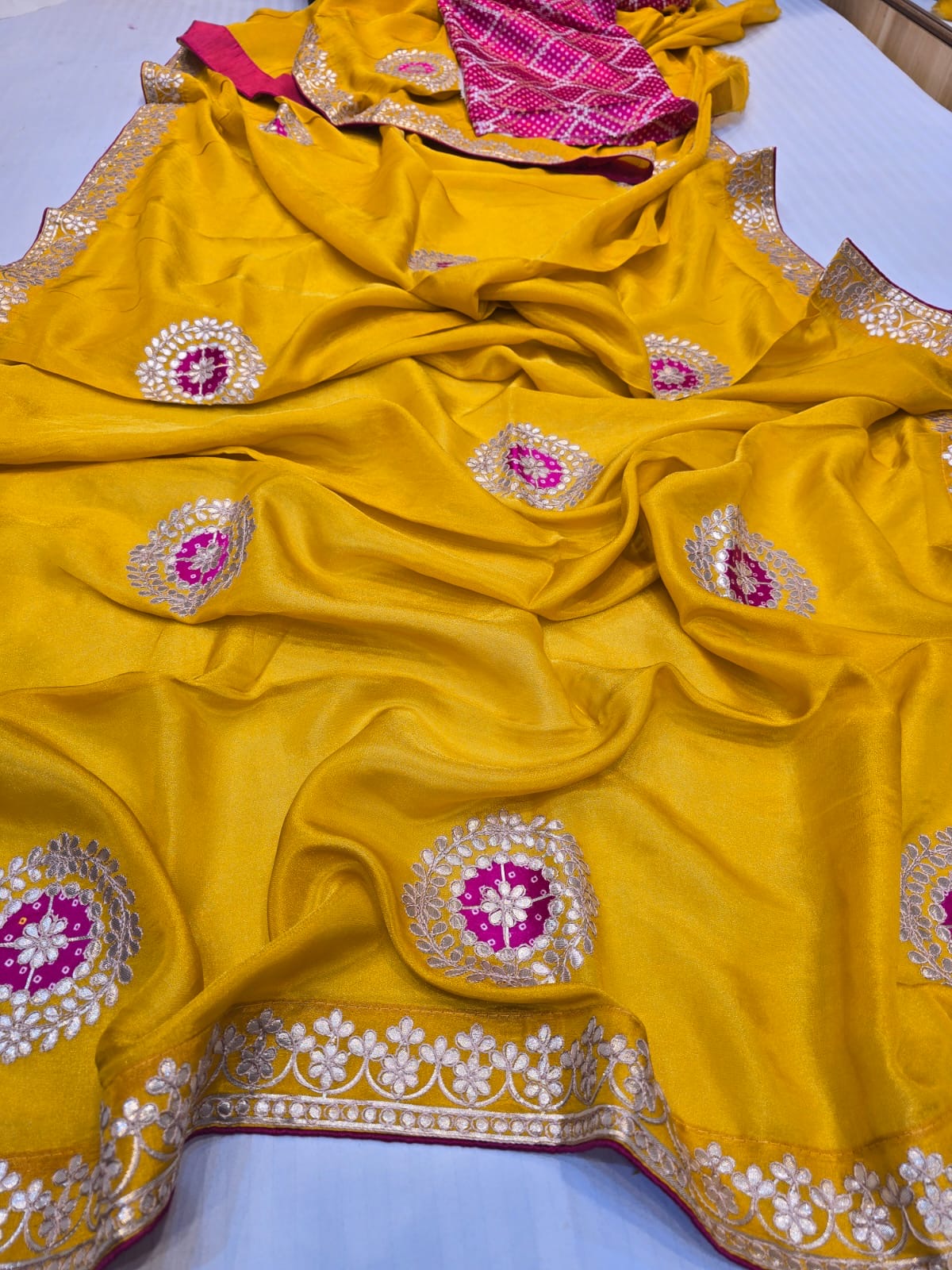 PURE COSMOS TISSUE FABRIC SAREE WITH GAZZI FABRIC BHANDEJ PRINT PATCH WITH GOTA PATTI WORK ♥️