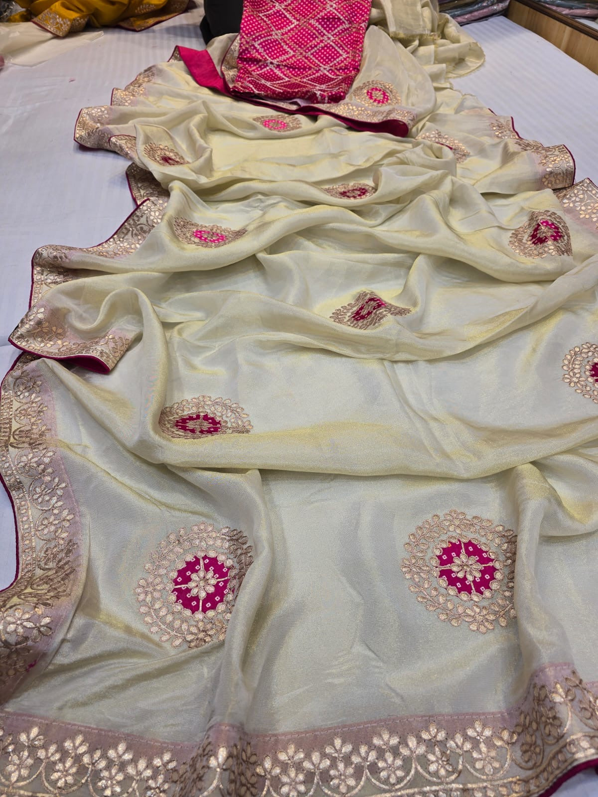 PURE COSMOS TISSUE FABRIC SAREE WITH GAZZI FABRIC BHANDEJ PRINT PATCH WITH GOTA PATTI WORK ♥️