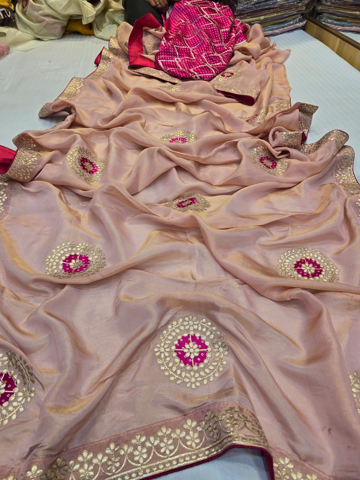 PURE COSMOS TISSUE FABRIC SAREE WITH GAZZI FABRIC BHANDEJ PRINT PATCH WITH GOTA PATTI WORK ♥️