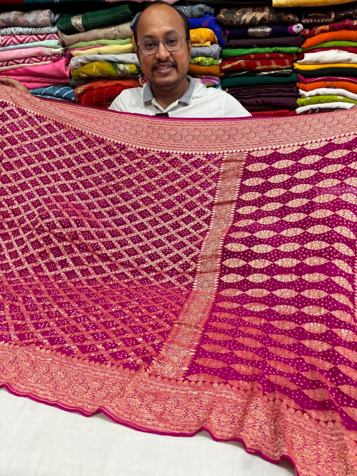 Pure Khaddi Georgette Banarasi Bandhej Ghatchola Saree, IR, KC