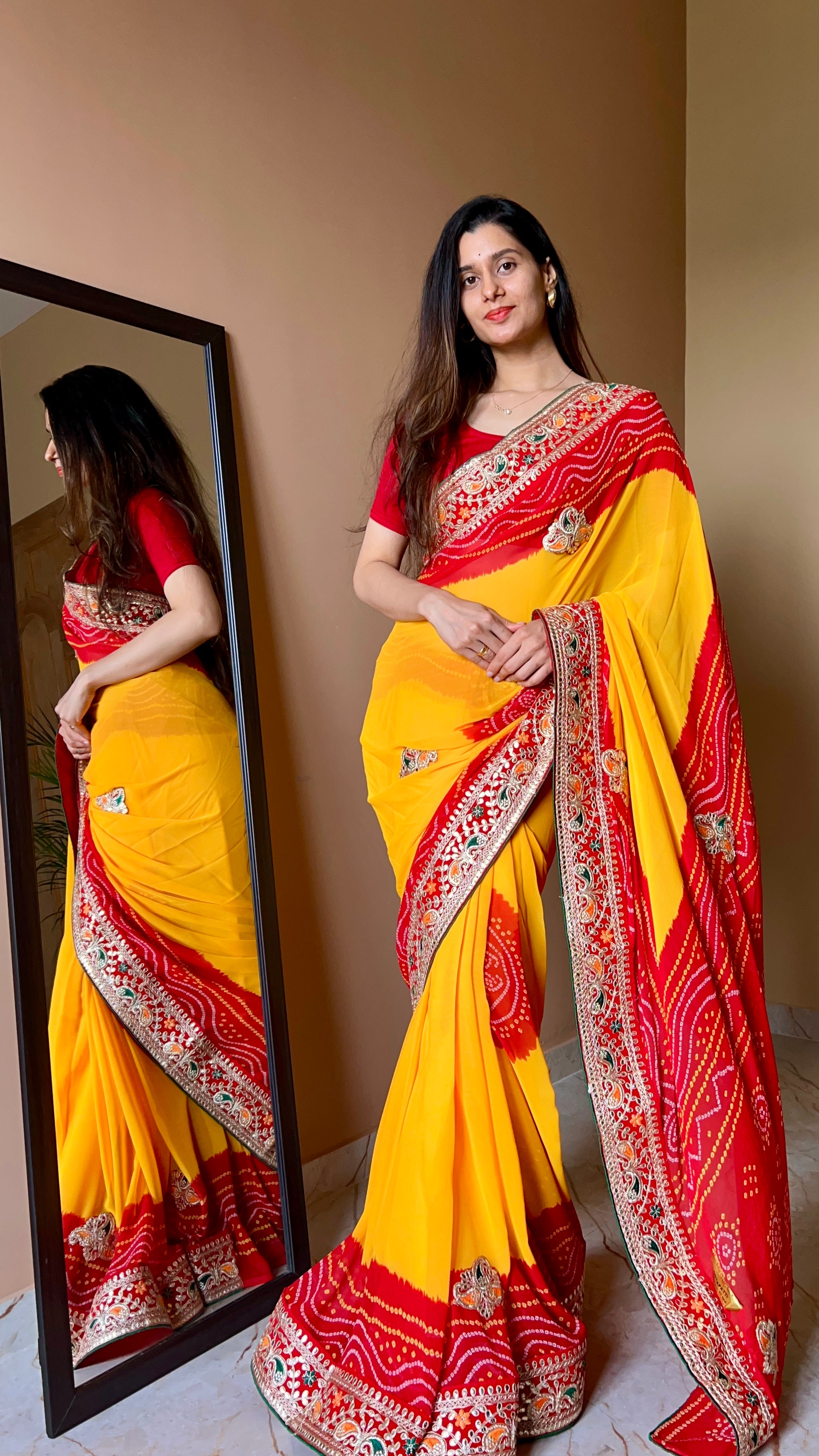 New fancy bandhej Designer chundari Indian jaipuri retailer bridal wedding party wear silk bandhani gotta patti border women saree with blouse