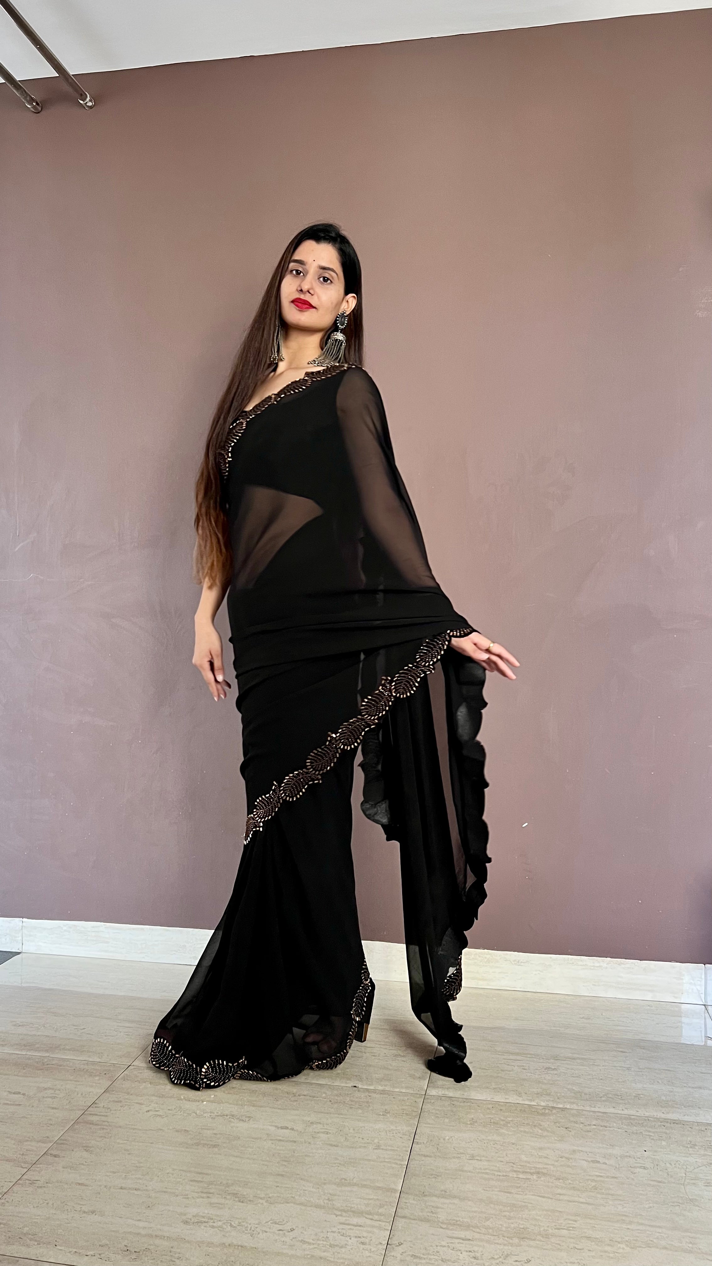 RE - Party Wear Black Sequence Work Saree