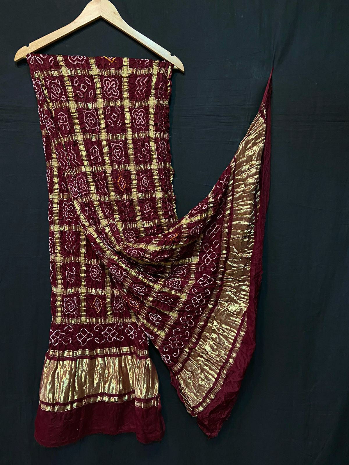 Pure Gazi Silk Bandhani Gaji Ghatchola Checks Dupatta Mehroon Dupatta