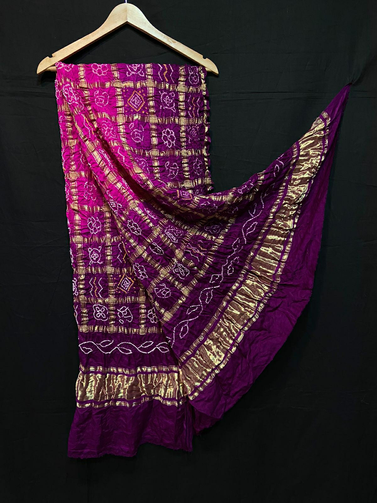 Pure Gazi Silk Bandhani Gaji Ghatchola Checks Dupatta Purple And Rani Dupatta