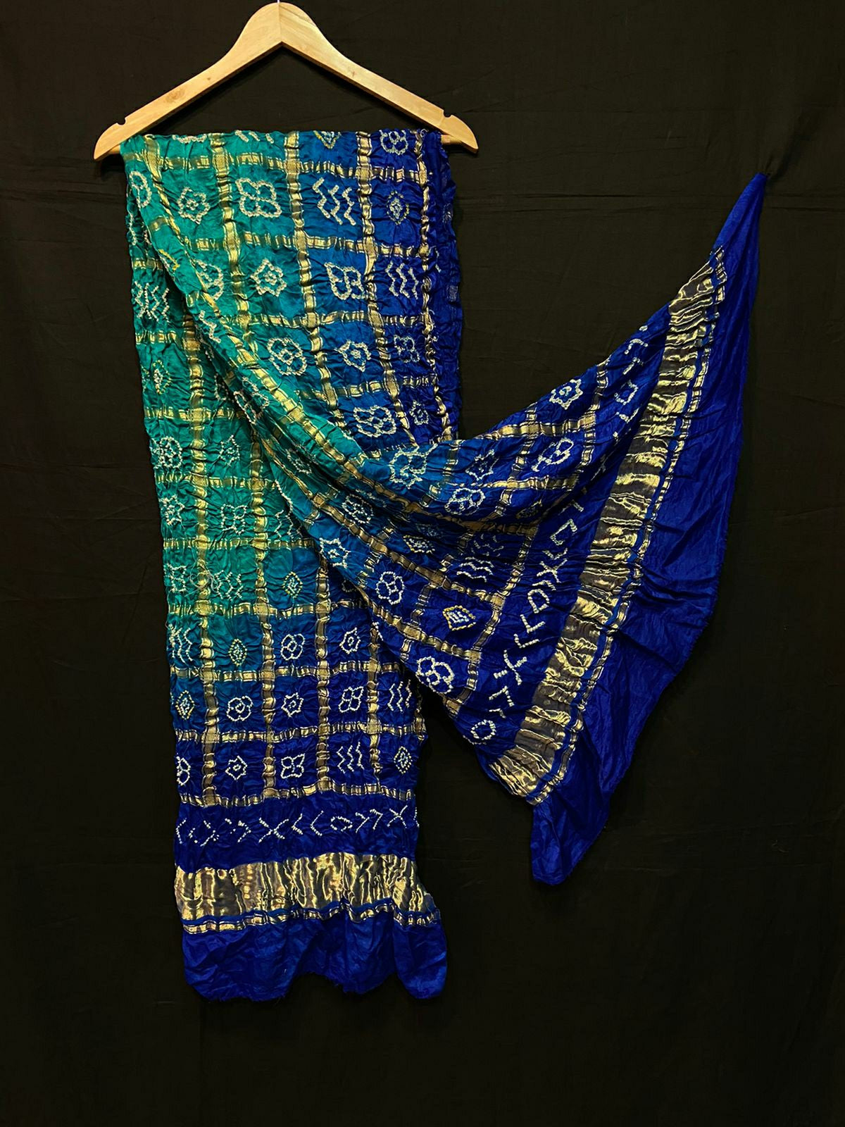 Pure Gazi Silk Bandhani Gaji Ghatchola Checks Dupatta Blue And Rama Dupatta