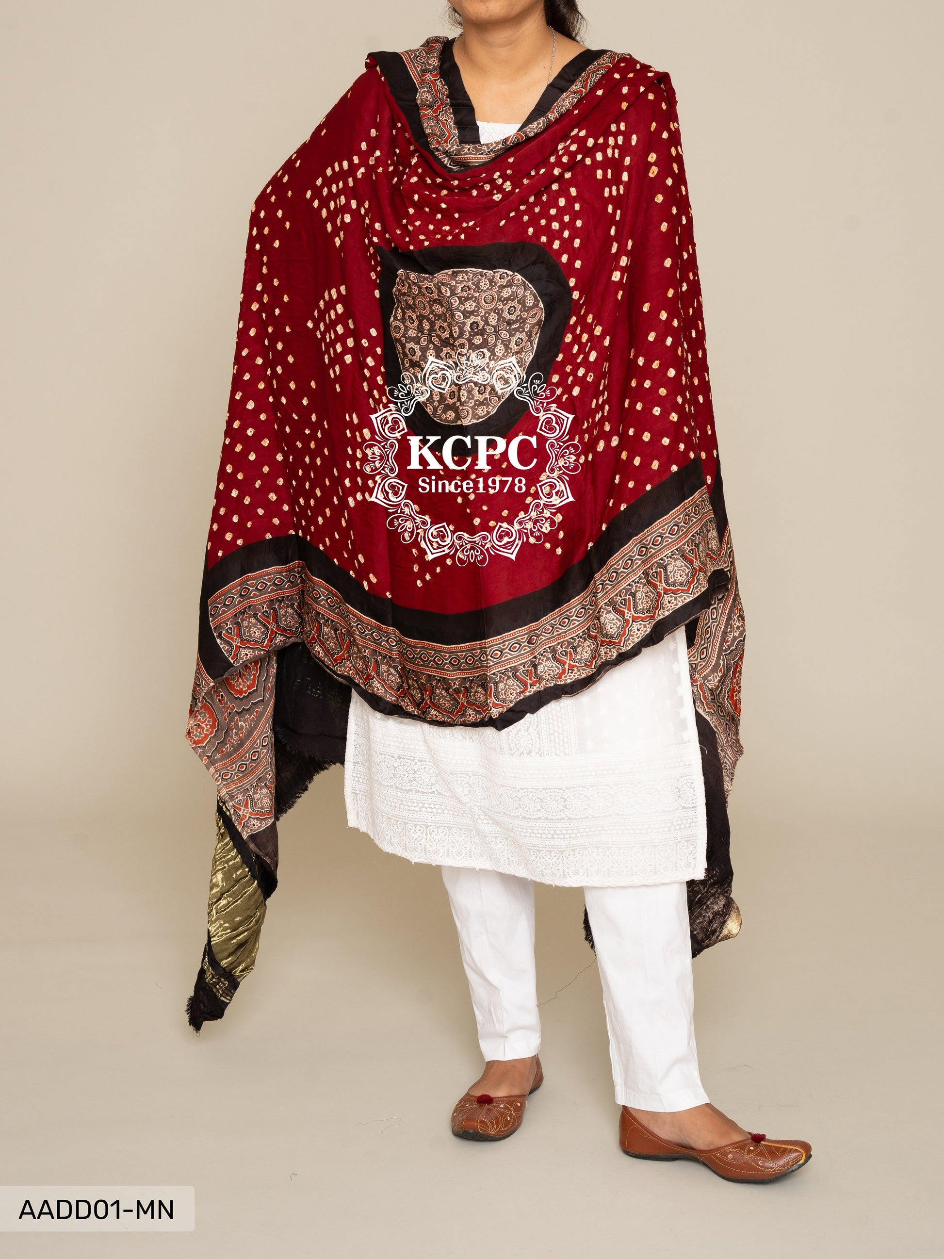 Kcpc Pure Gaji Silk Ajrakh Bandhani Dupatta Dr Kc Mehroon