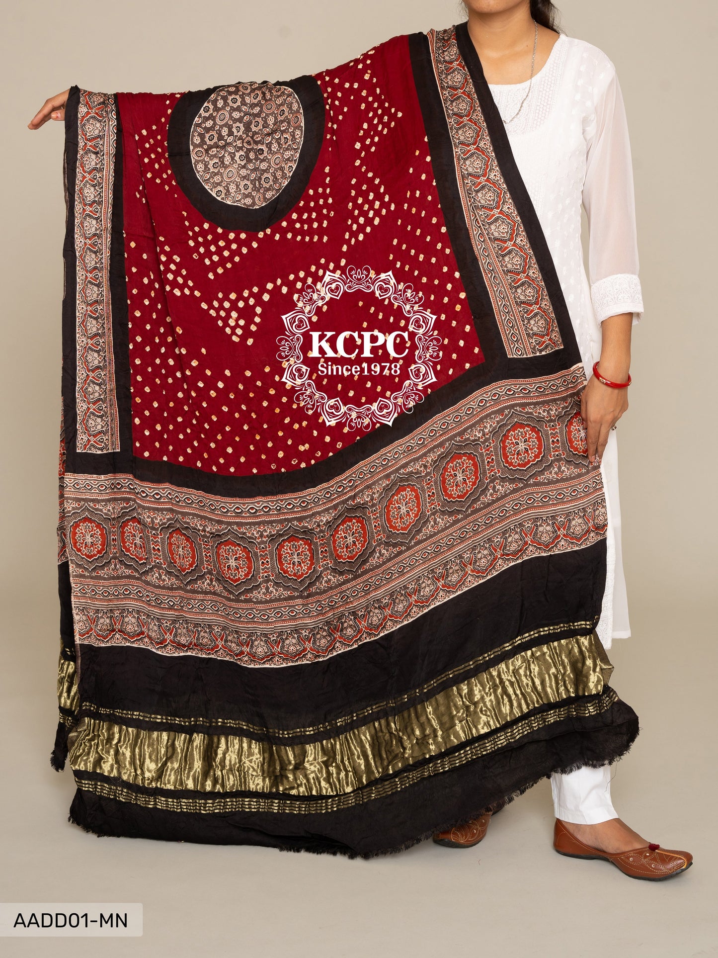 Kcpc Pure Gaji Silk Ajrakh Bandhani Dupatta Dr Kc