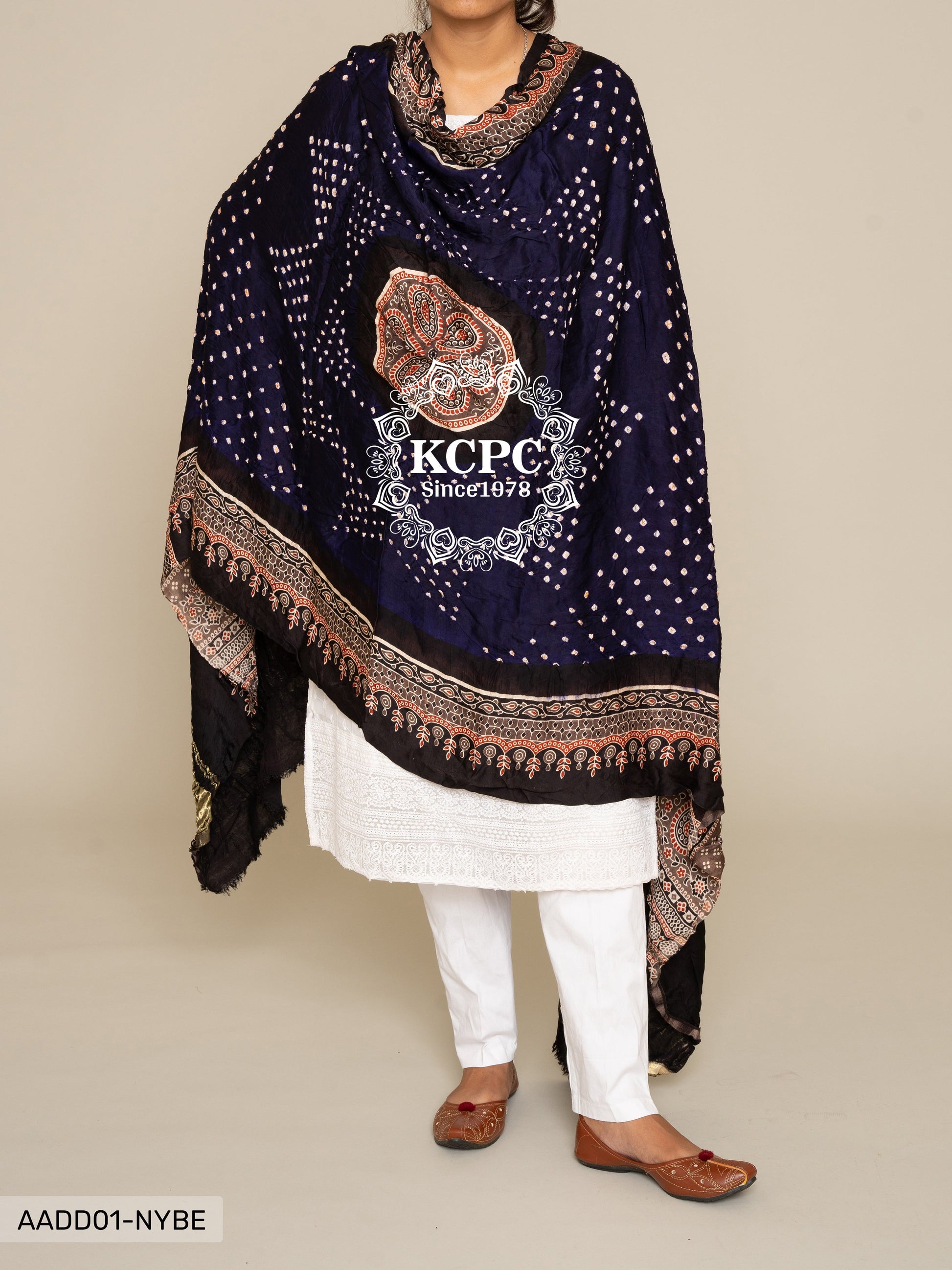 Kcpc Pure Gaji Silk Ajrakh Bandhani Dupatta Dr Kc Neavy Blue