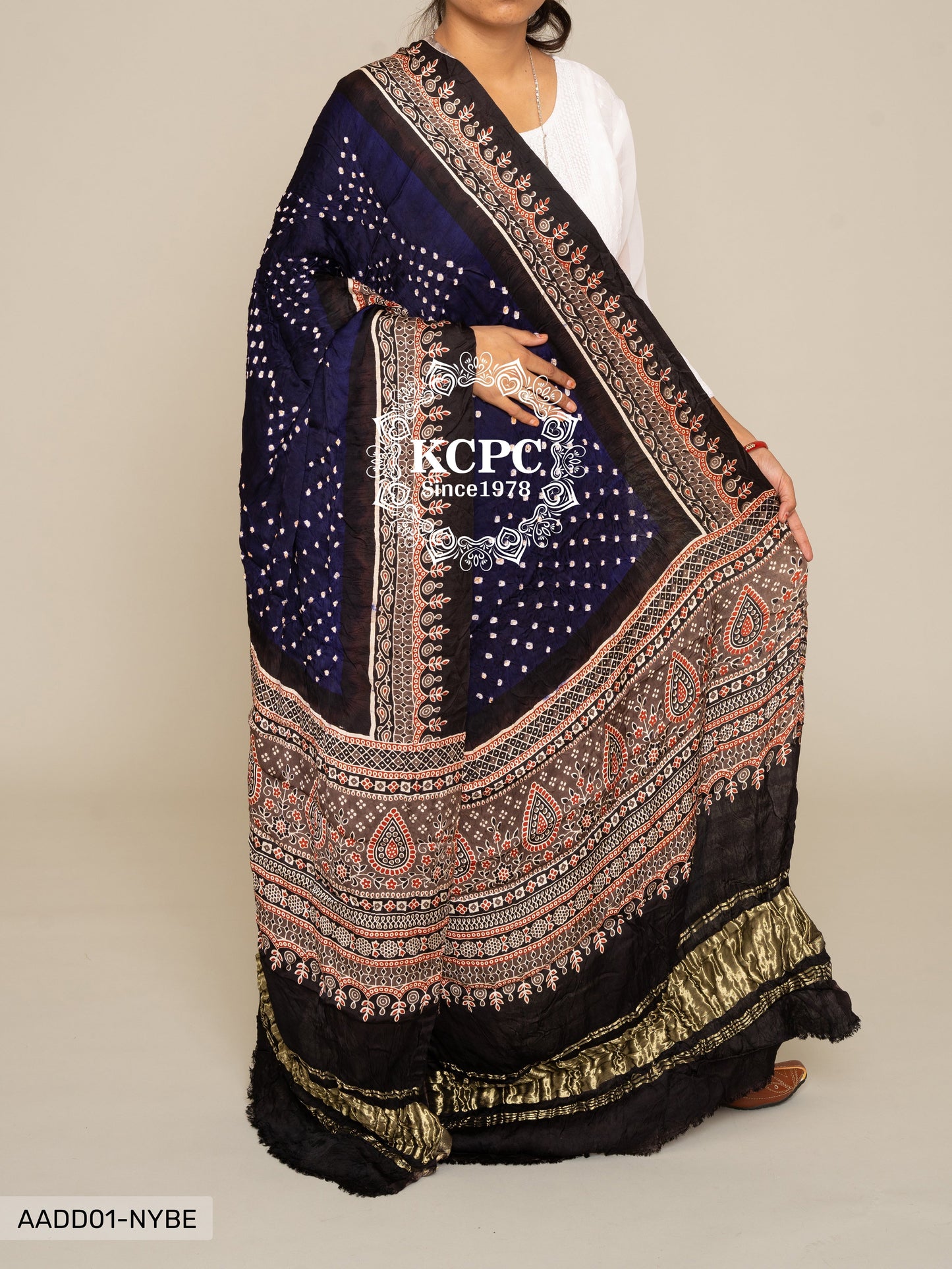 Kcpc Pure Gaji Silk Ajrakh Bandhani Dupatta Dr Kc