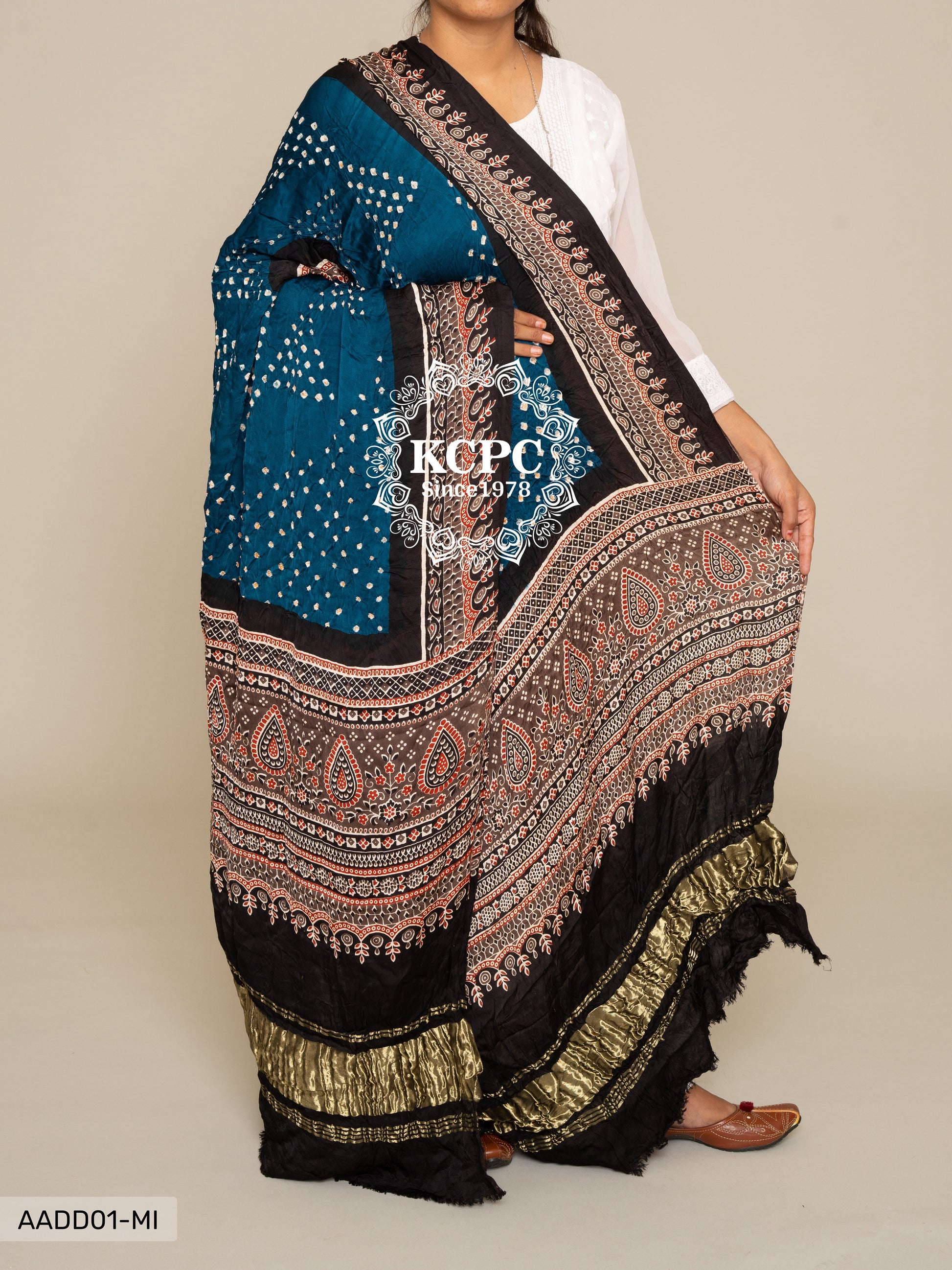 Kcpc Pure Gaji Silk Ajrakh Bandhani Dupatta Dr Kc