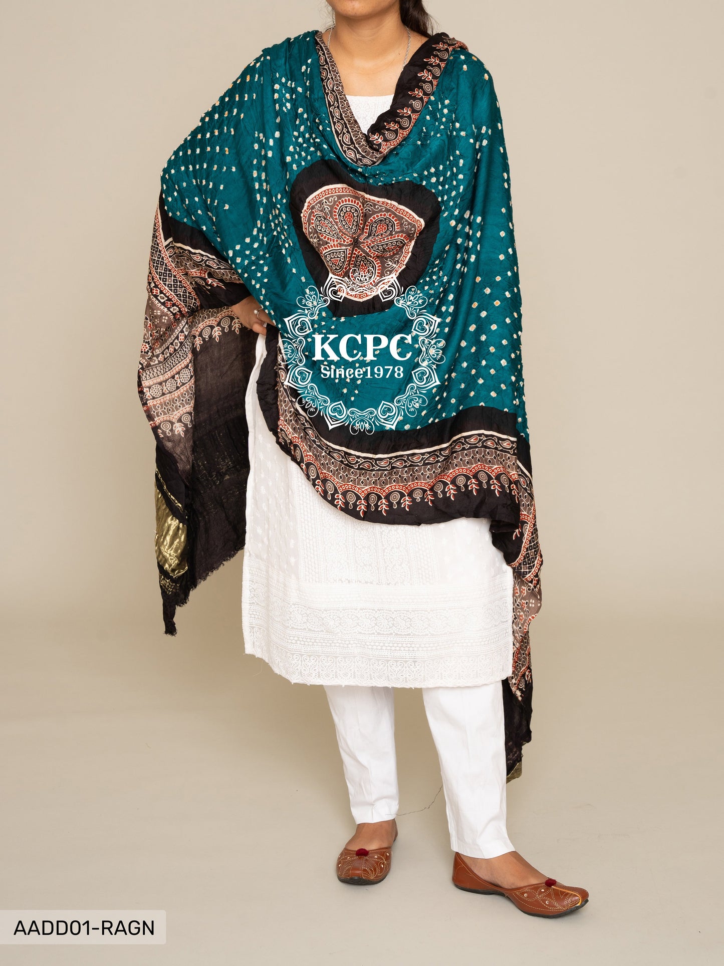 Kcpc Pure Gaji Silk Ajrakh Bandhani Dupatta Dr Kc Rama Green