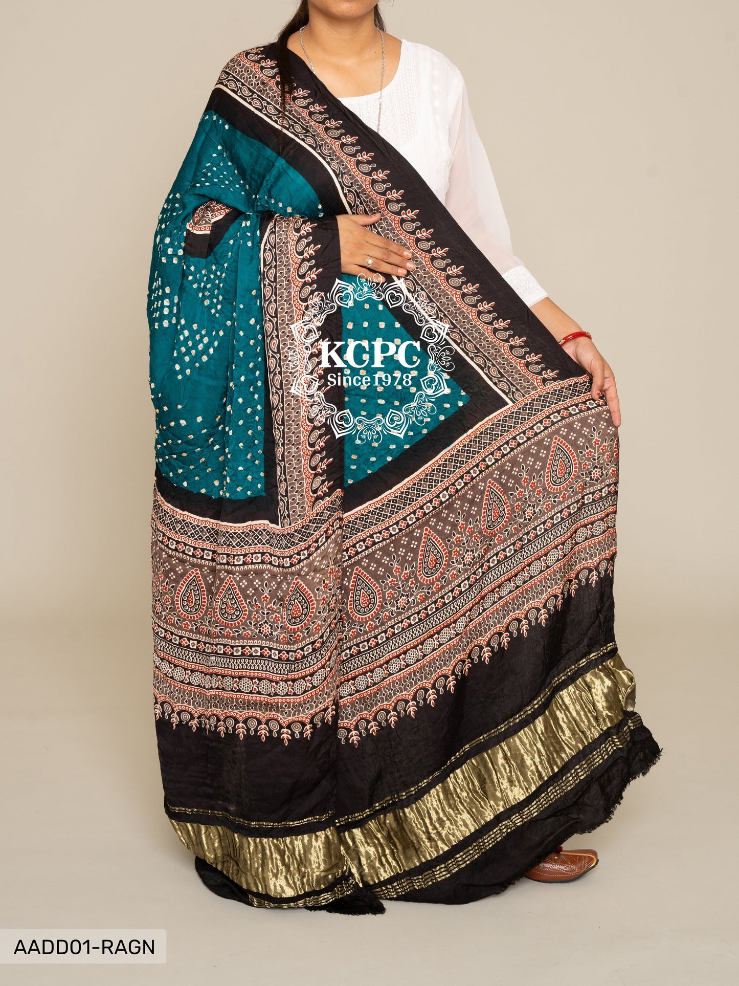 Kcpc Pure Gaji Silk Ajrakh Bandhani Dupatta Dr Kc