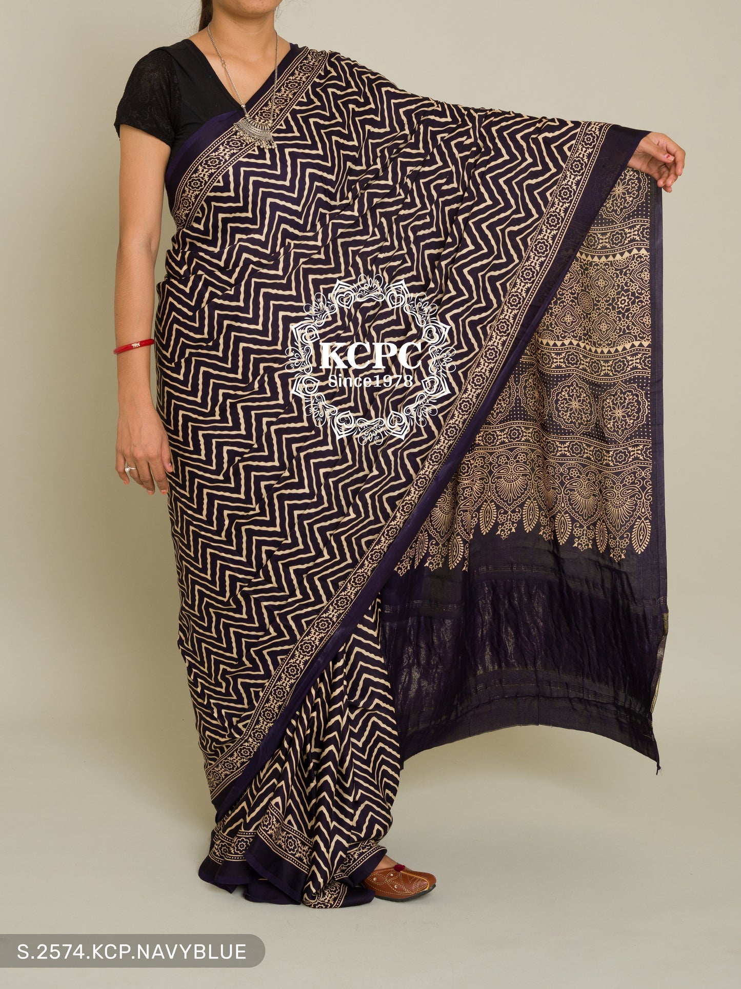 Pure Gaji Silk Ajrakh Zigzag Modal Saree With Blouse Navy Blue