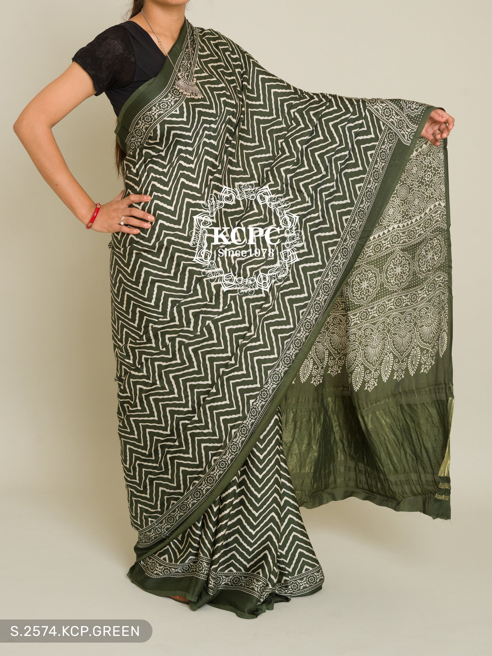 Pure Gaji Silk Ajrakh Zigzag Modal Saree With Blouse