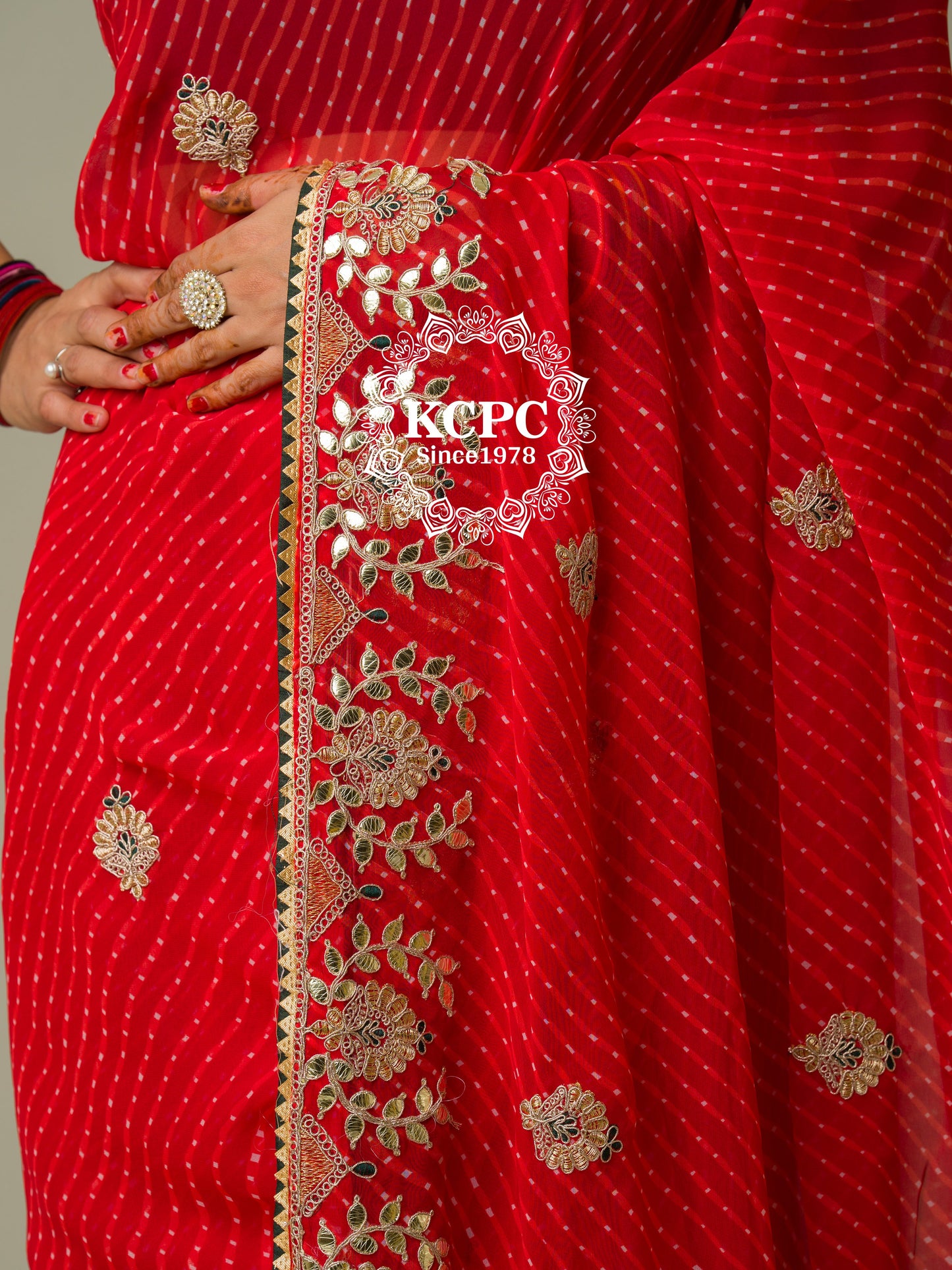 Pure Georgette Beautiful Lehriya Design With Embroidery Gotaptti Work Border Saree, ASH, OR