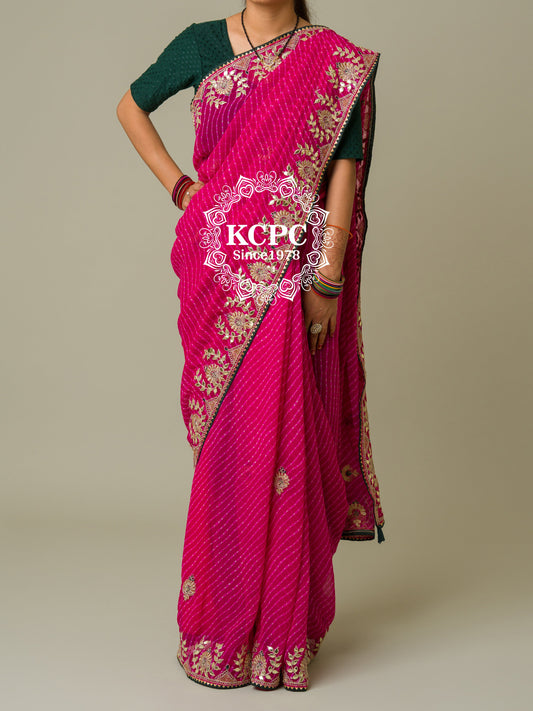 Pure Georgette Beautiful Lehriya Design With Embroidery Gotaptti Work Border Saree, ASH, OR