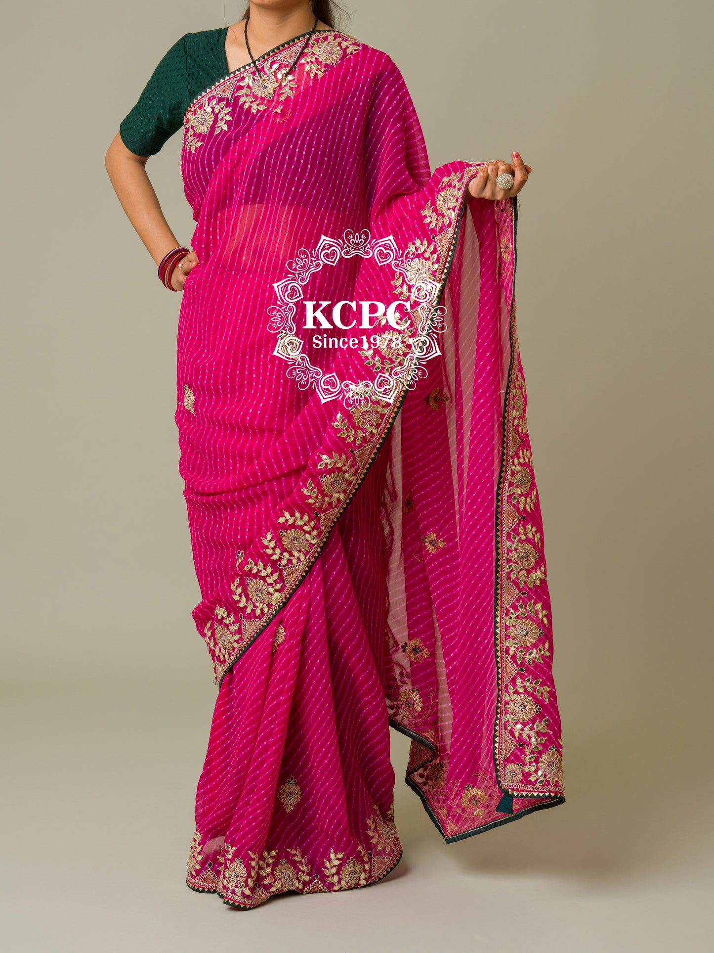 Pure Georgette Beautiful Lehriya Design With Embroidery Gotaptti Work Border Saree, ASH, OR