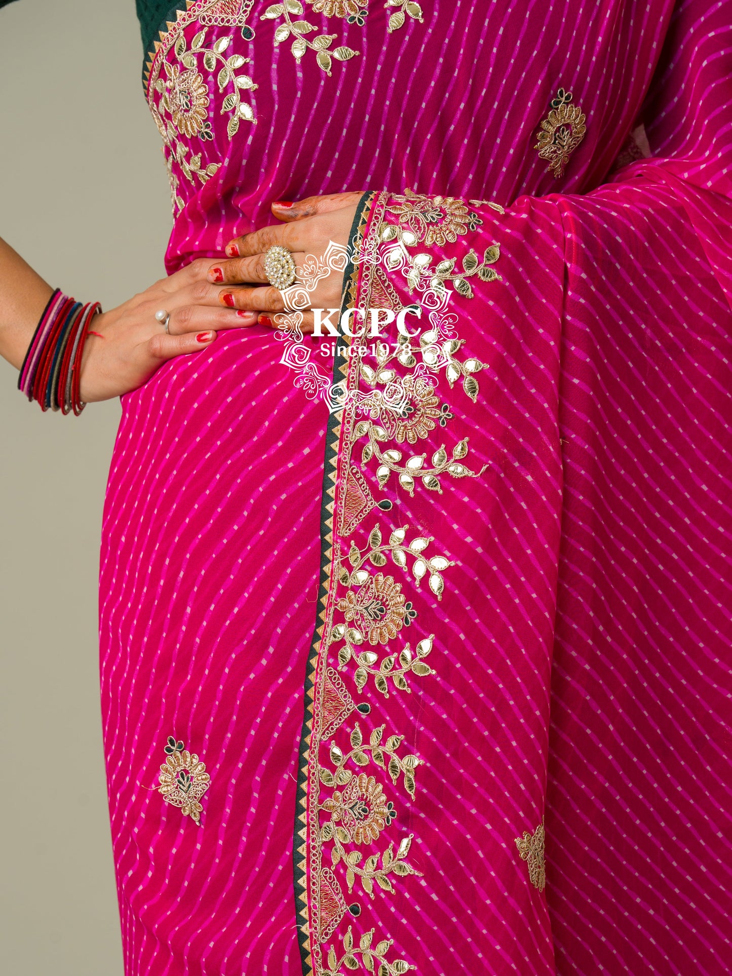 Pure Georgette Beautiful Lehriya Design With Embroidery Gotaptti Work Border Saree, ASH, OR