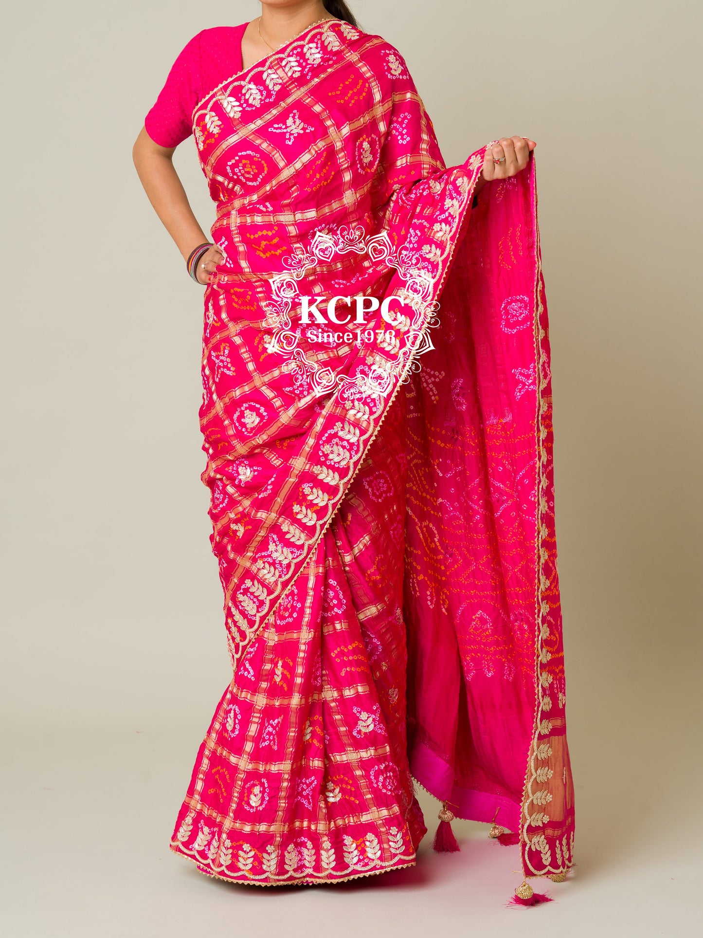 Pure Gaji Silk Bandhani Ghatchola Gotapatti Saree With Blouse, nr, kc