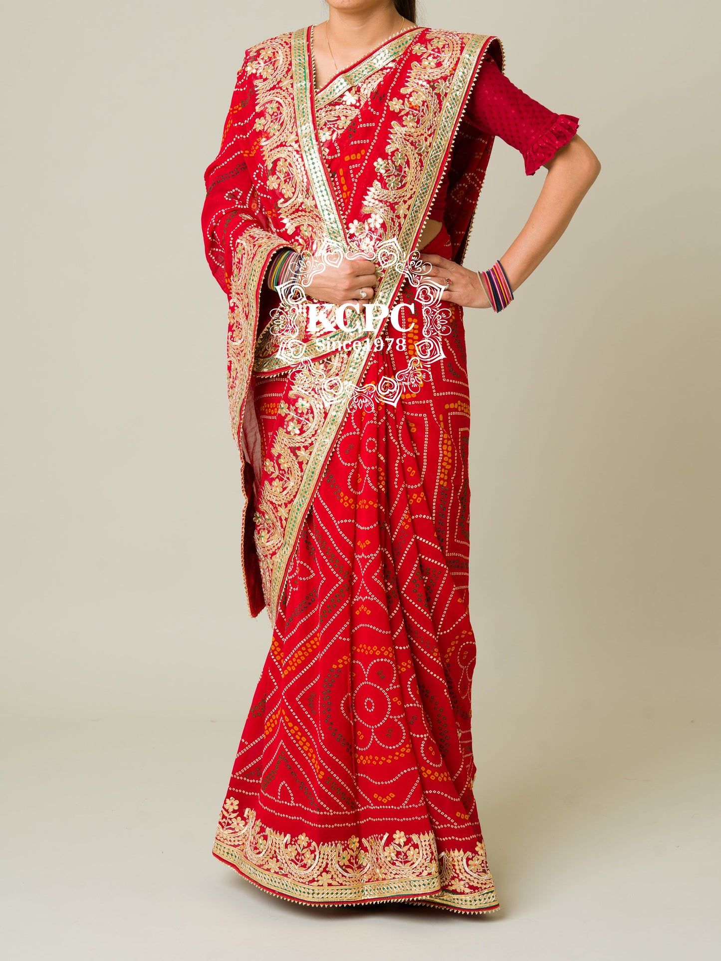 Pure Georgette Rajasthani Jaipuri Chunari Bandhej Gotapatti saree