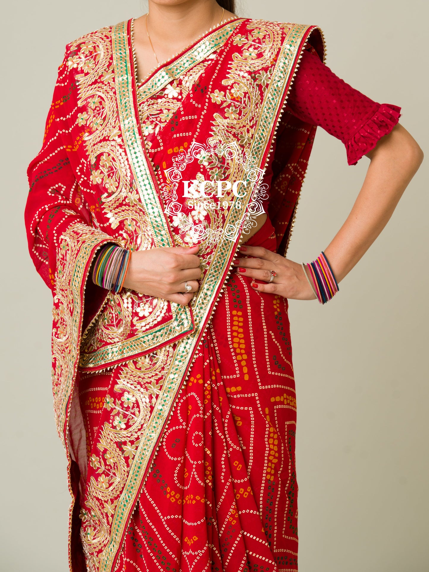 Pure Georgette Rajasthani Jaipuri Chunari Bandhej Gotapatti saree