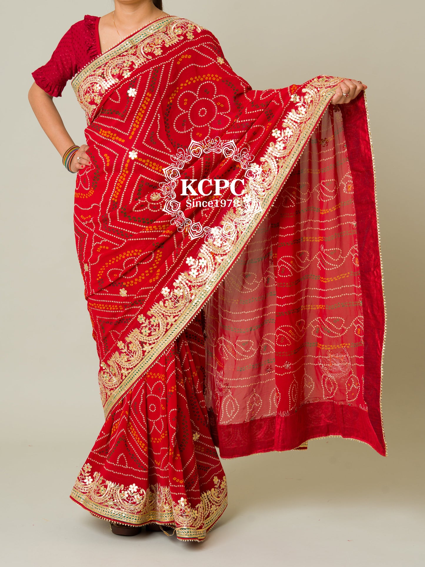 Pure Georgette Rajasthani Jaipuri Chunari Bandhej Gotapatti saree