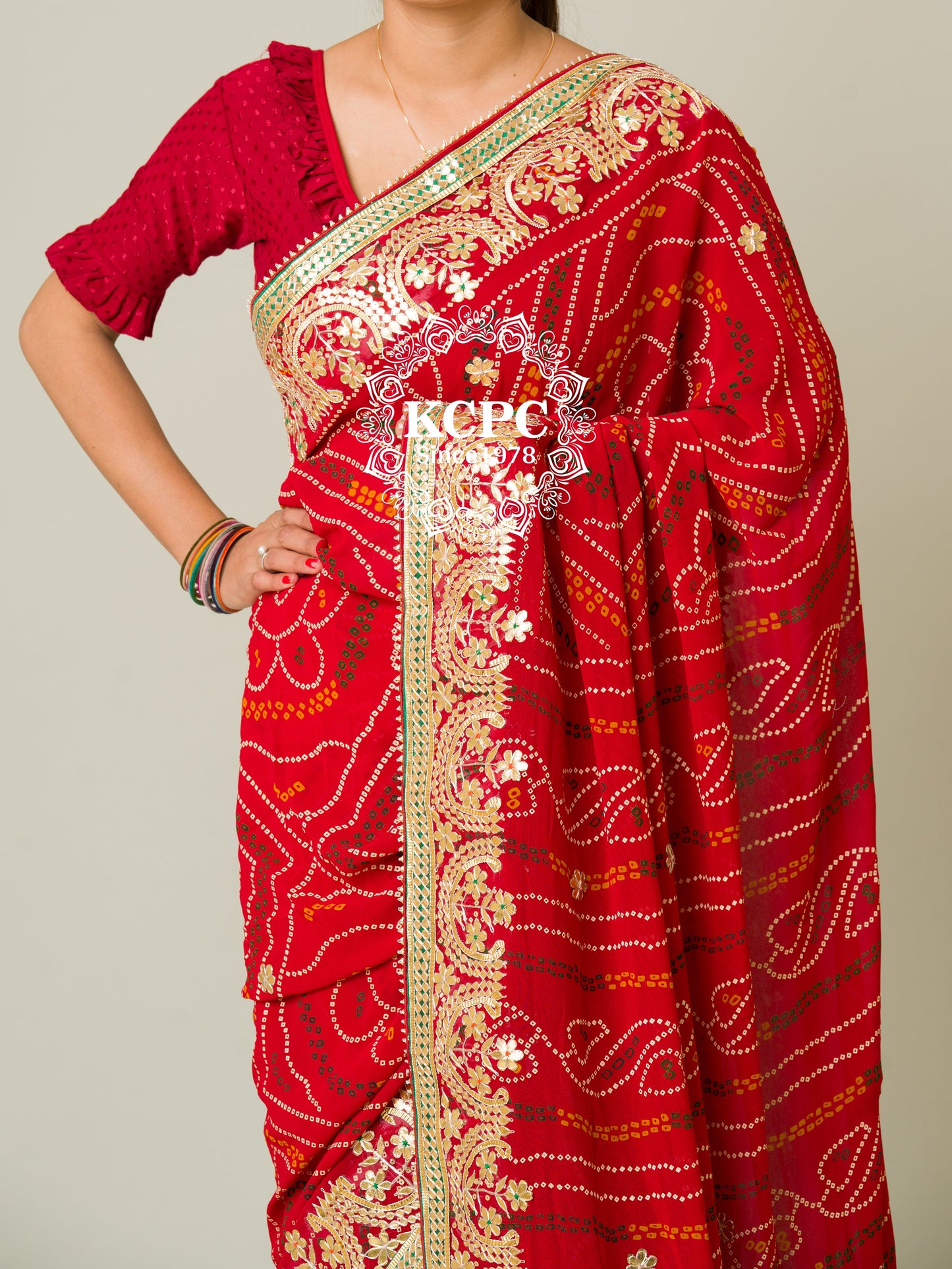 Pure Georgette Rajasthani Jaipuri Chunari Bandhej Gotapatti saree