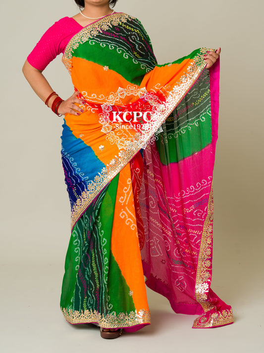 Latest Pachrangi Pure ojariya chinon bandhej Gotapatti Saree with Blouse, rg