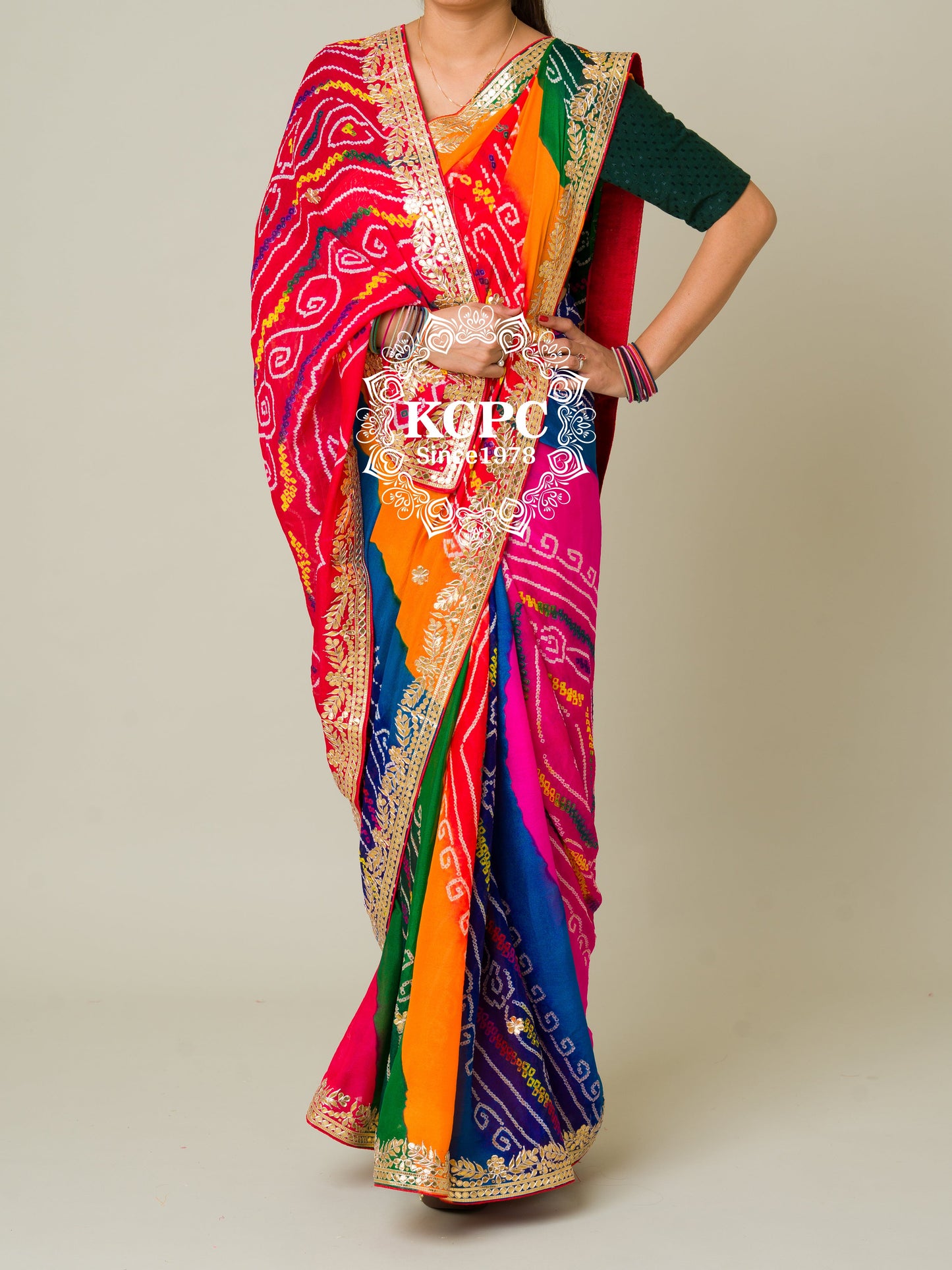 Pachrangi Pure ojariya chinon bandhej Gotapatti Saree with Blouse, rg