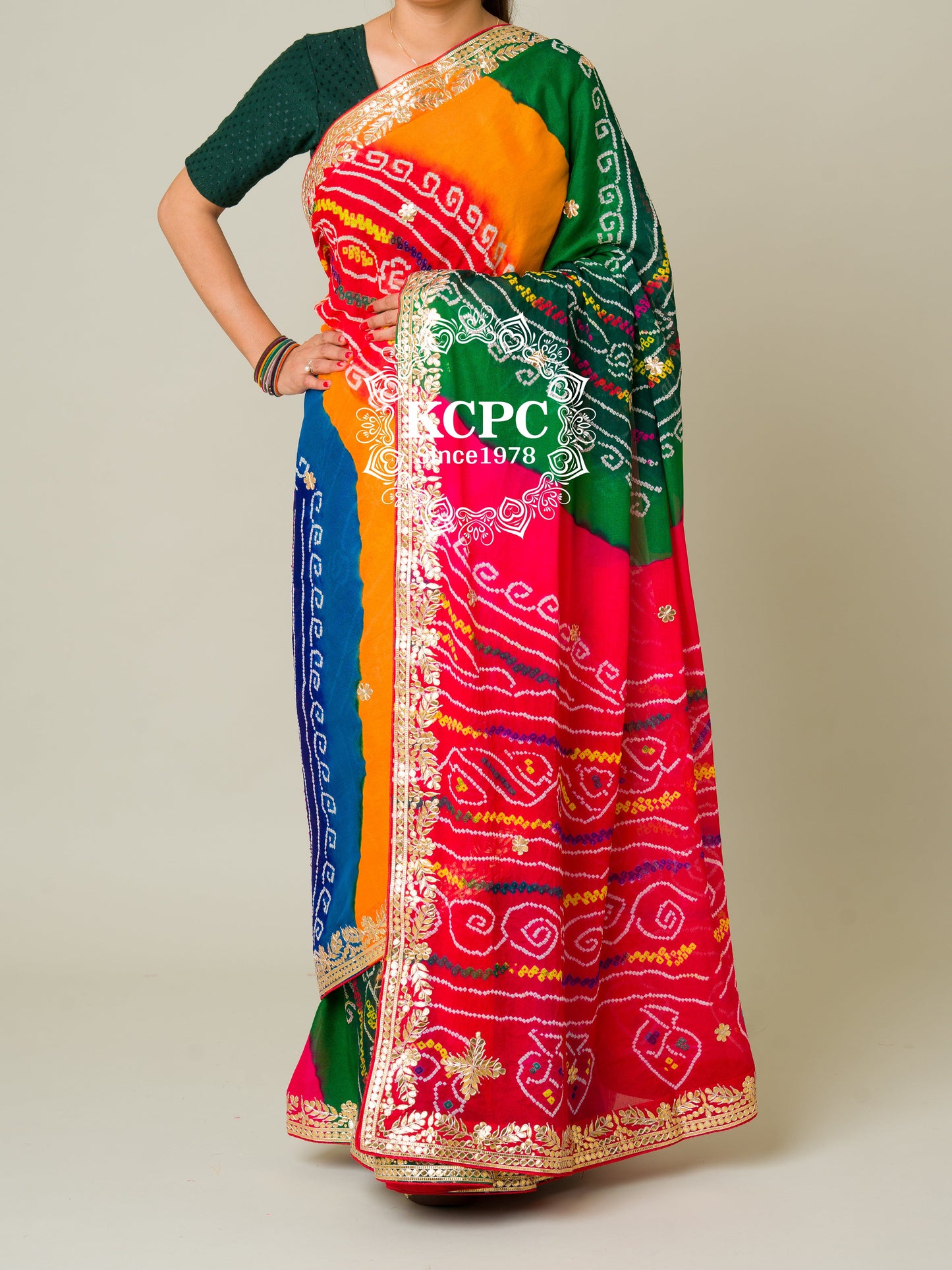 Pachrangi Pure ojariya chinon bandhej Gotapatti Saree with Blouse, rg