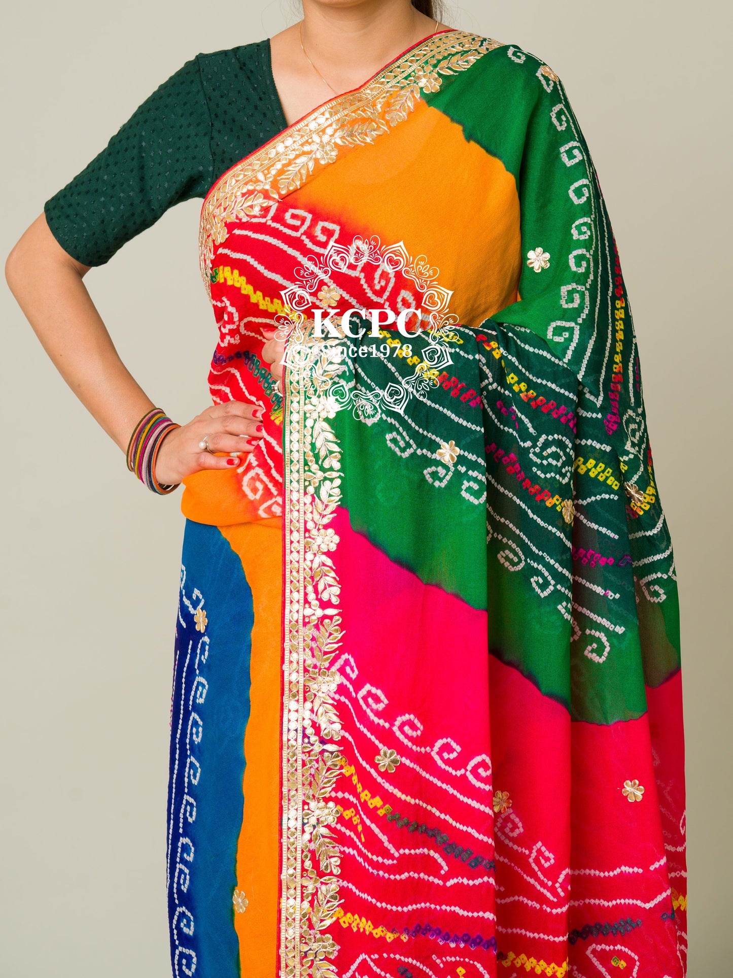 Pachrangi Pure ojariya chinon bandhej Gotapatti Saree with Blouse, rg